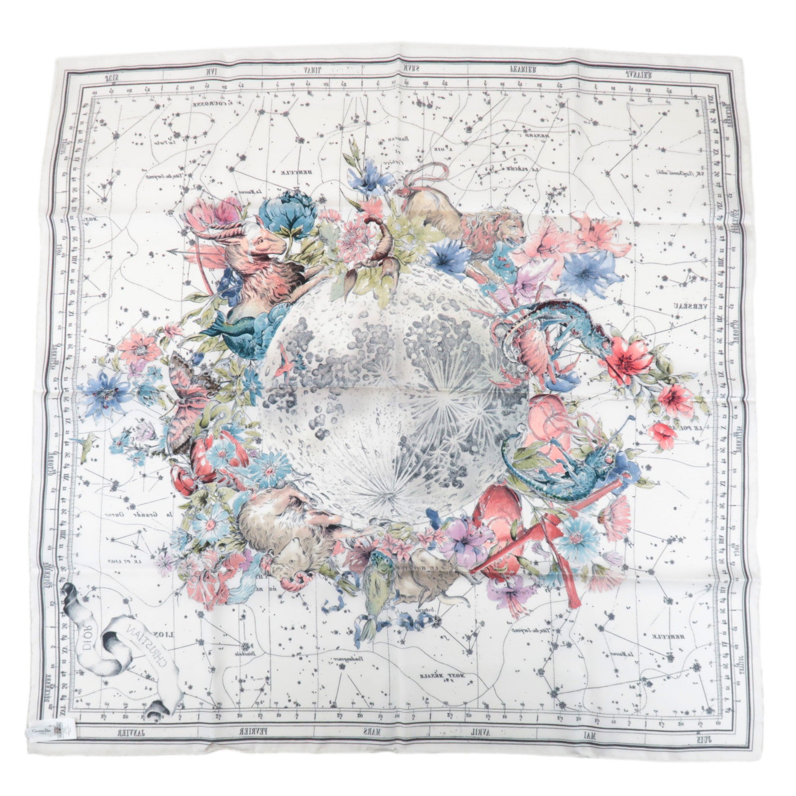 Christian Dior Silk 100% Zodiac 90 Star Constellation Floral Scarf