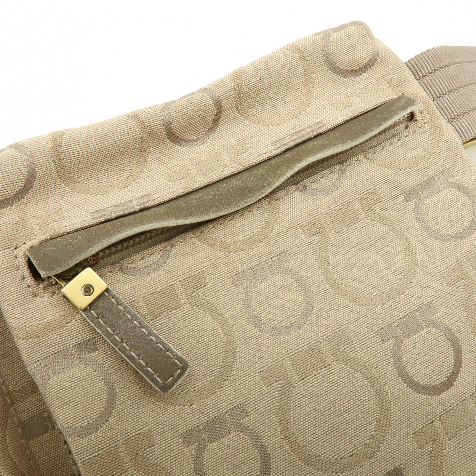 Ferragamo Gancini Canvas Leather Body Bag Waist Bag Beige