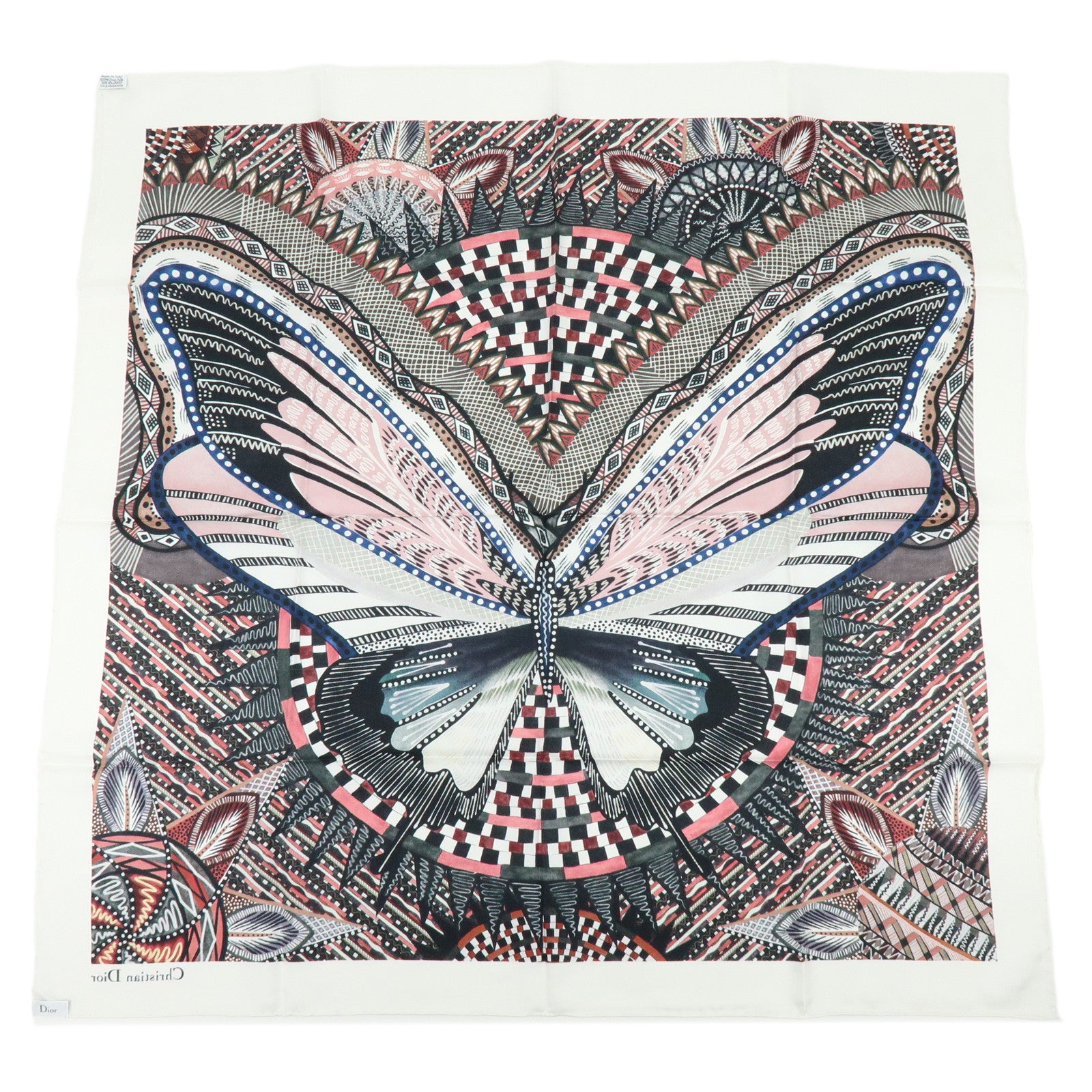 Christian Dior Silk 100% Scarf Butterfly Pattern White Black Pink