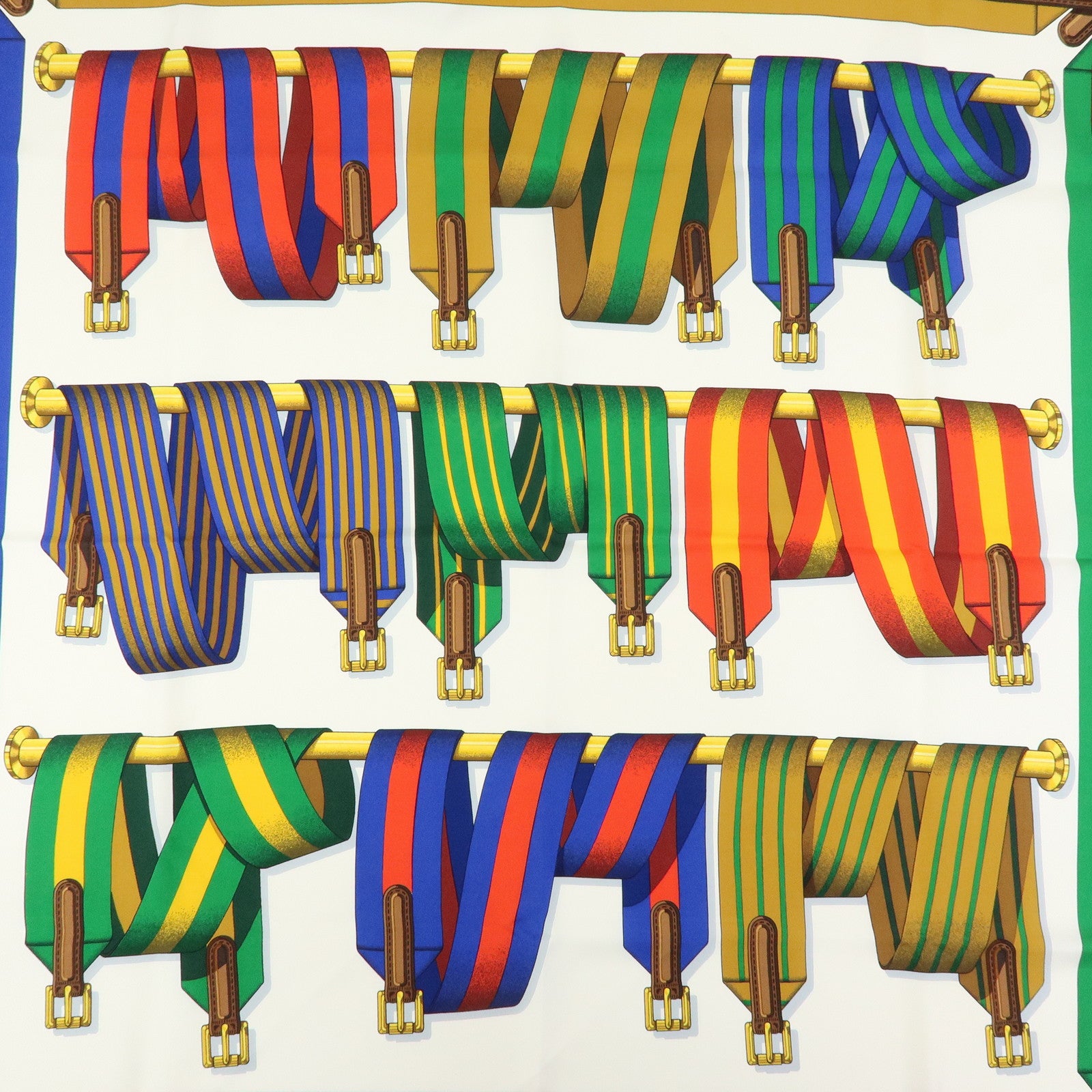 HERMES Carre 90 Silk 100% J.METZ Les Sangles Scarf Blue Green Red