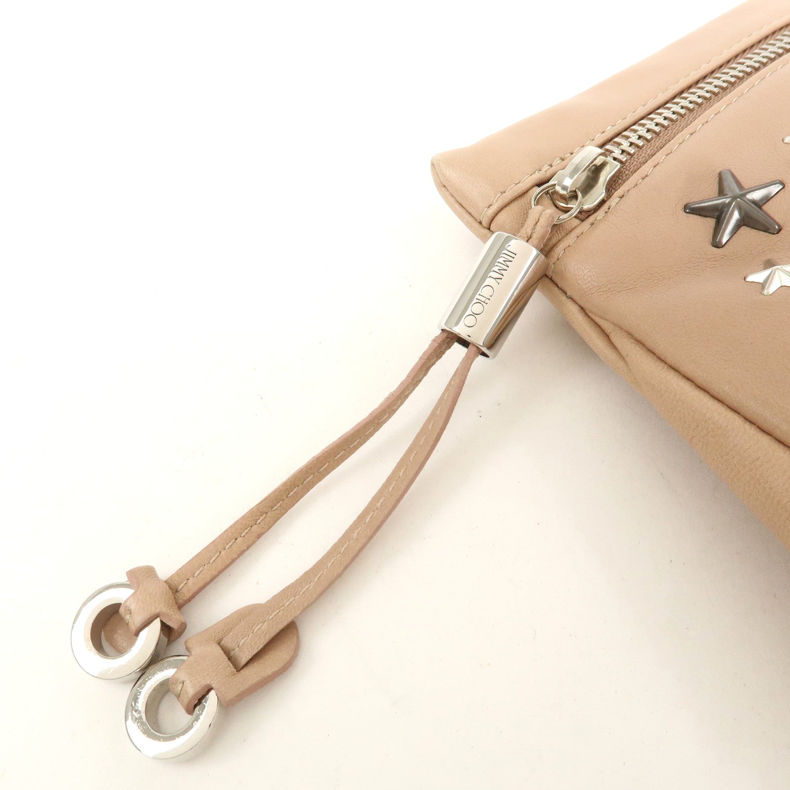 JIMMY CHOO Studs Leather Clutch Bag Hand Bag Pink Beige