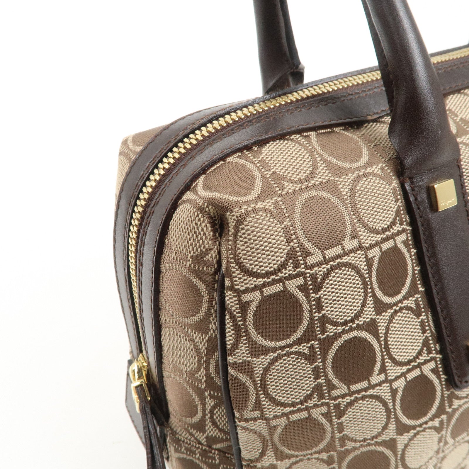 Ferragamo Gancini Leather Canvas Shoulder Bag Hand Bag Beige Brown