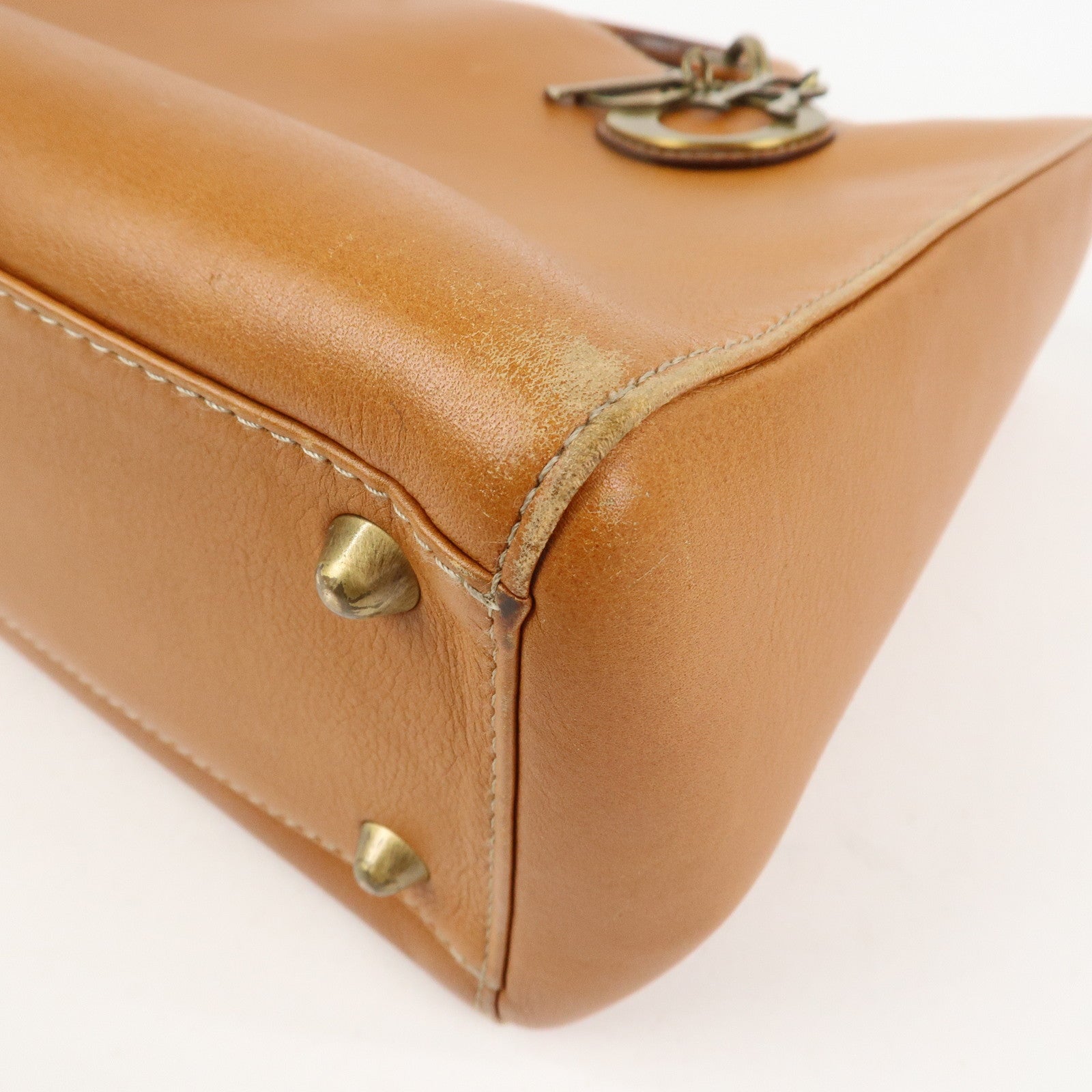 Christian Dior Lady Dior Leather Tote Bag Hand Bag Brown Gold