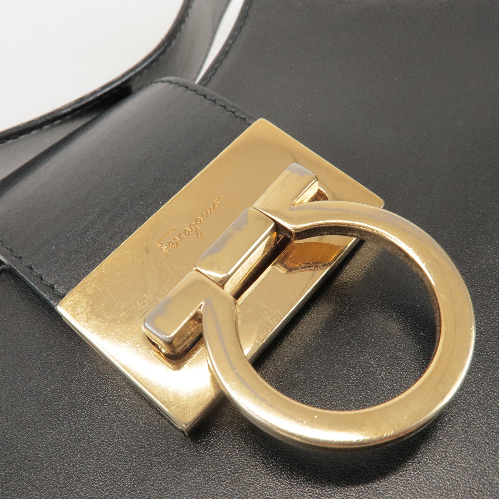 Ferragamo Gancini Calf Leather Shoulder Bag Hand Bag Black