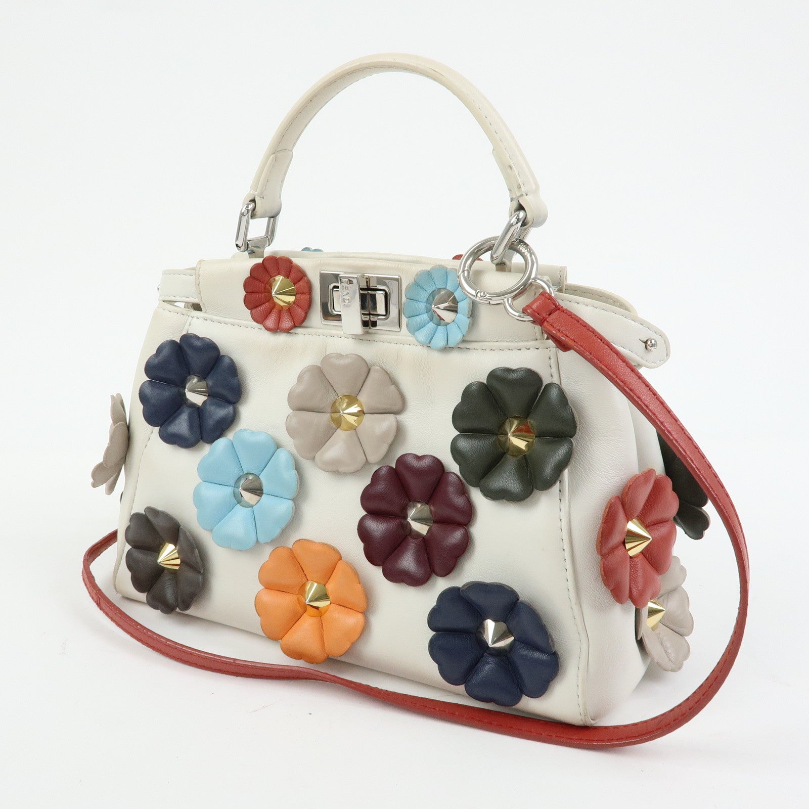 FENDI Peekaboo Mini 2Way Shoulder Bag Hand Bag Flower Ivory 8BN244