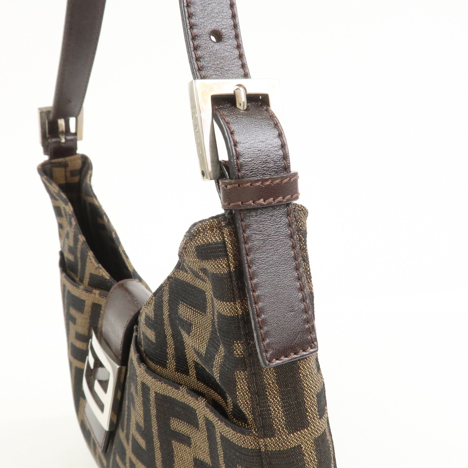 FENDI Zucca Canvas Leather Shoulder Bag Brown Black 26569