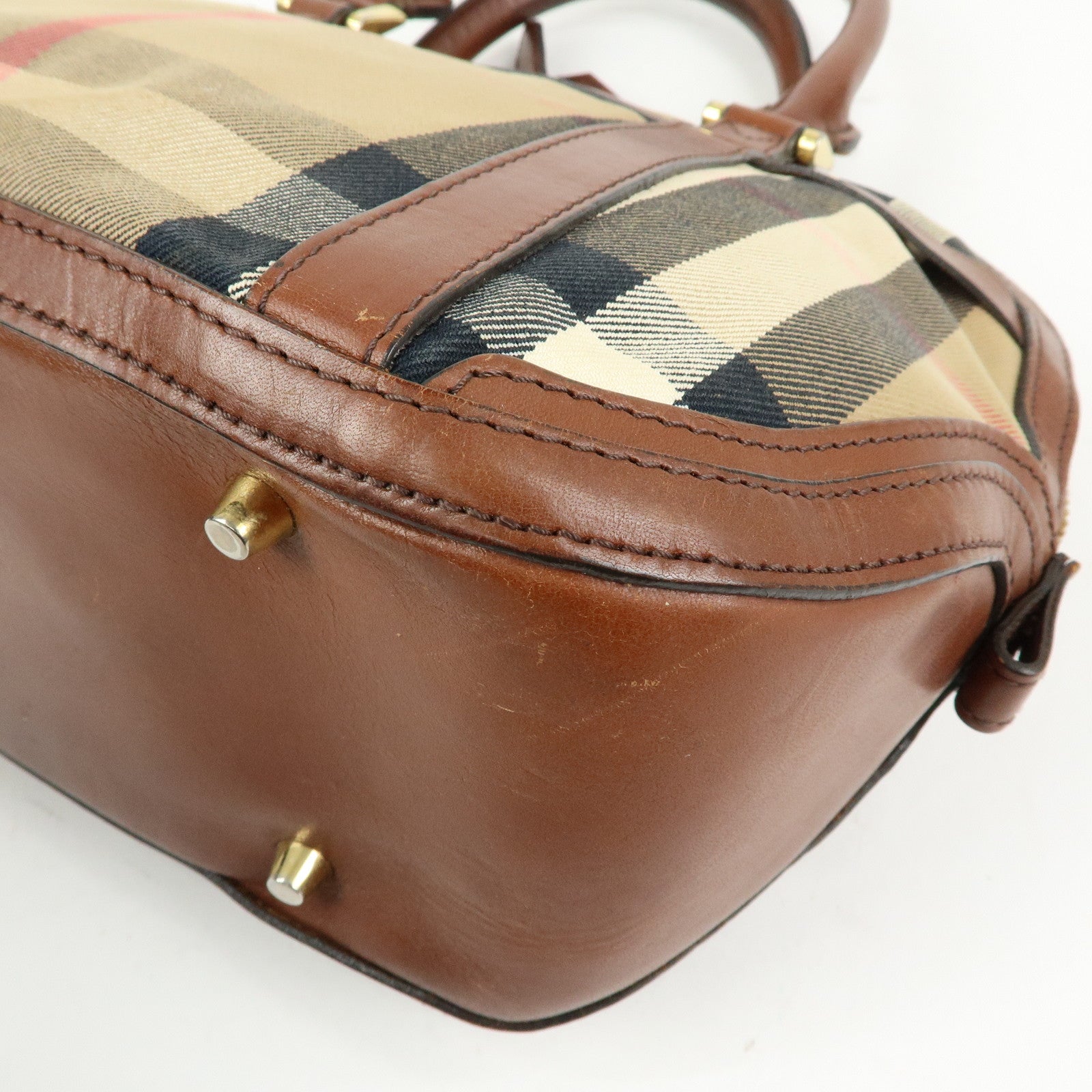 BURBERRY Nova Plaid Canvas Leather Hand Bag Beige Brown