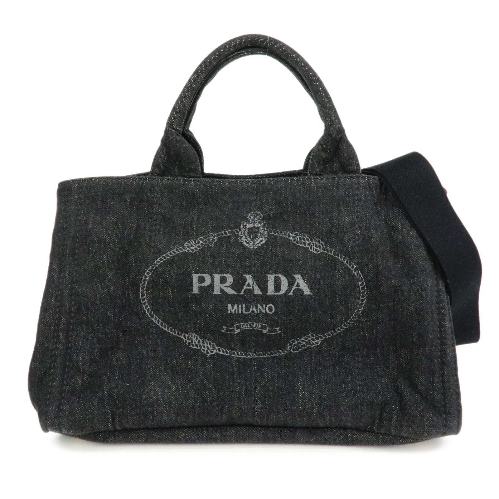 PRADA Triangle Logo Canapa Canvas 2Way Tote Hand Bag Black BN2642