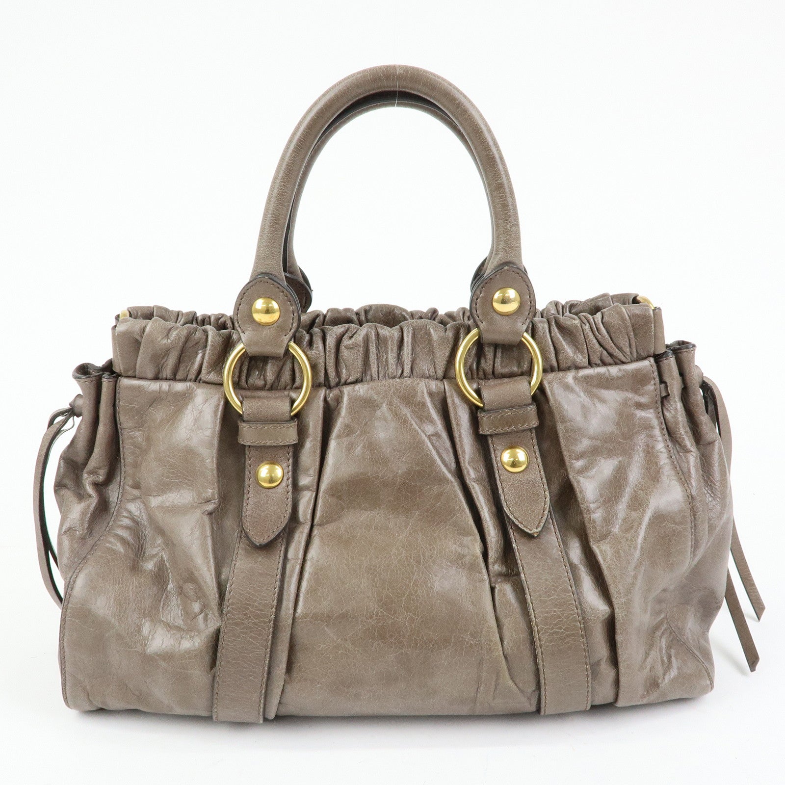 MIU MIU Logo Leather Hand Bag Tote Bag Gray Gold