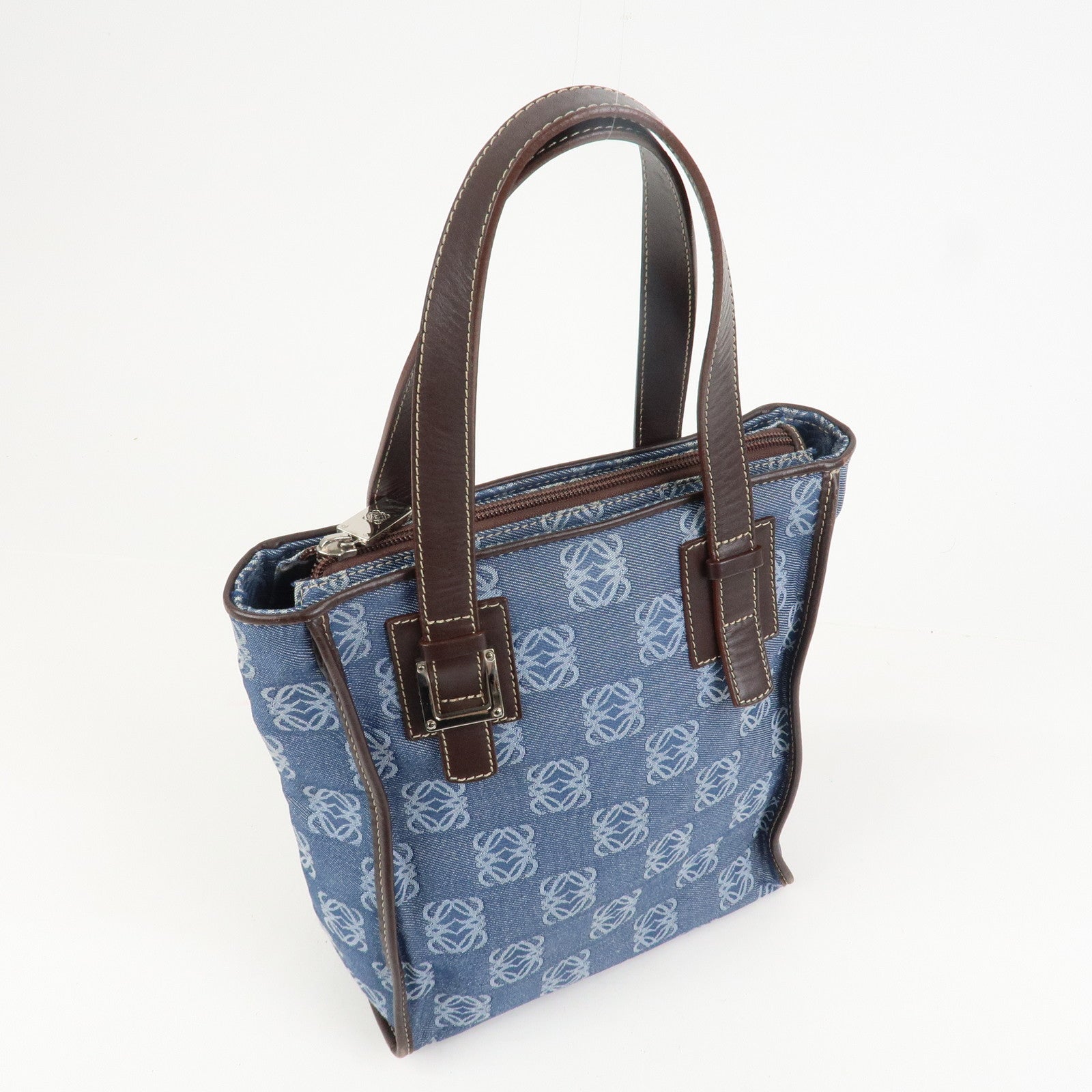 LOEWE Repeat Anagram Canvas Leather Tote Bag Hand Bag Blue Brown