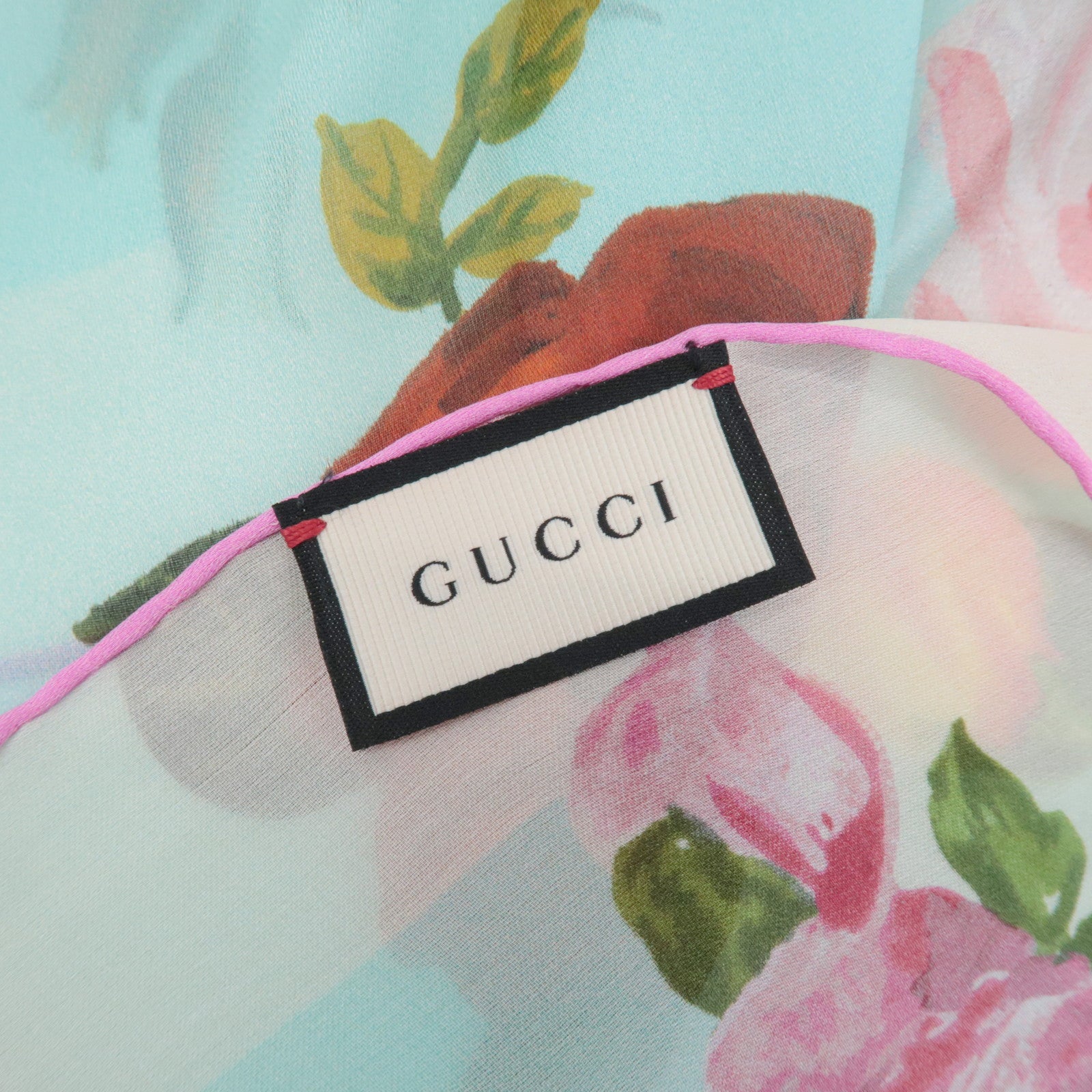 GUCCI Silk 100% 64 ×192 Floral Honey Bee Print Scarf Blue