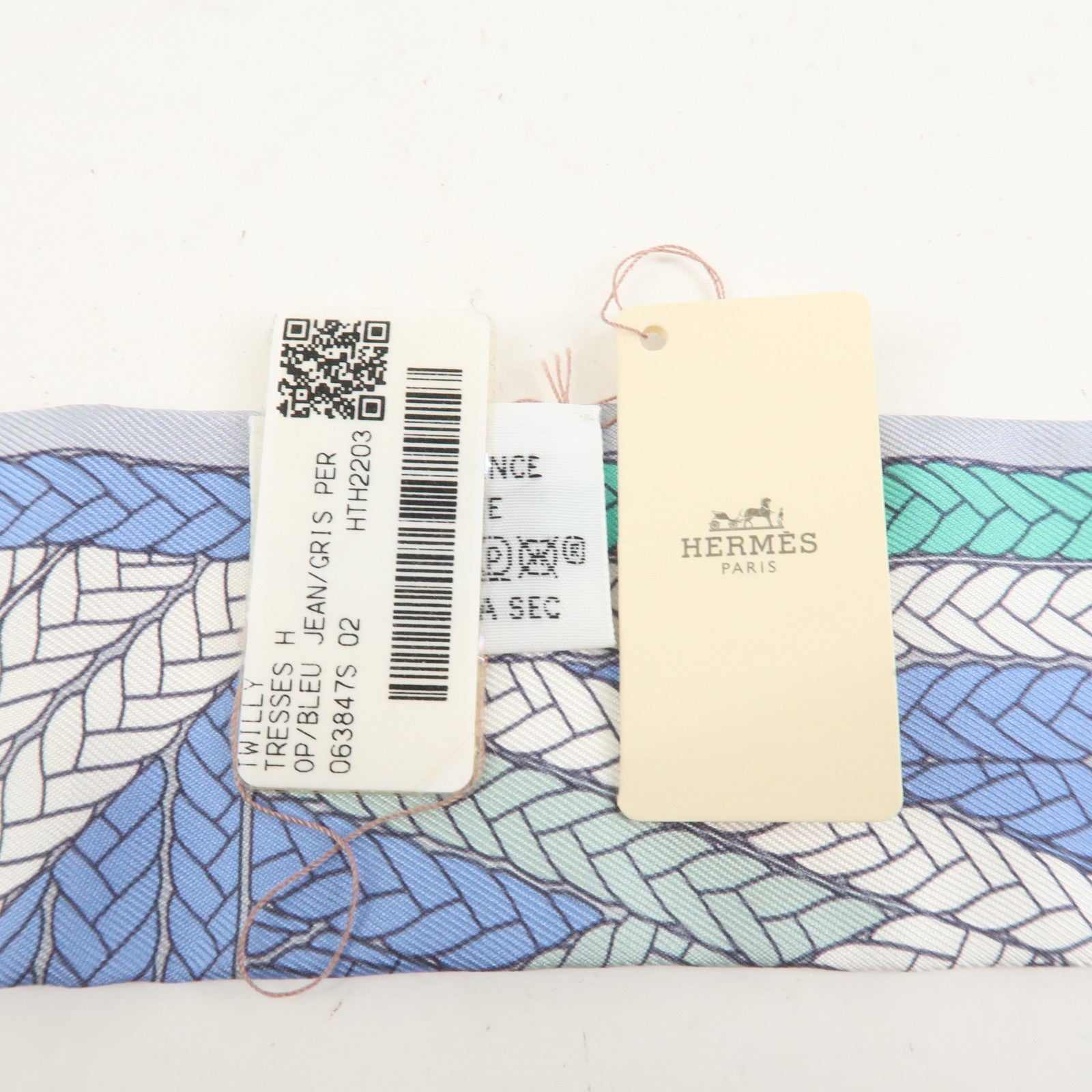 HERMES Twilly Silk 100% Scarf TRESSES H Blue White