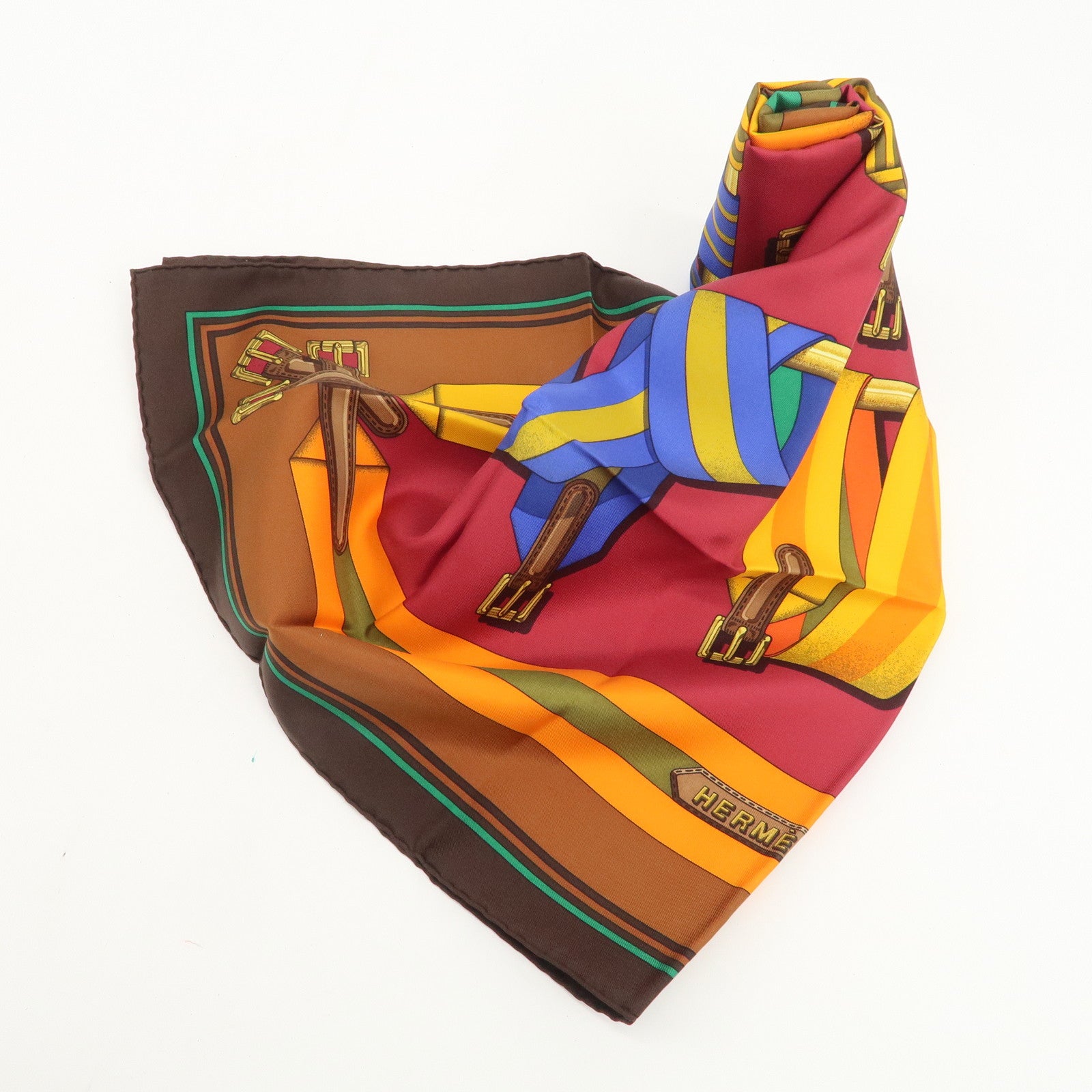 HERMES Carre 90 Silk 100% Scarf J.METZ Les Sangles Wine Red Yellow