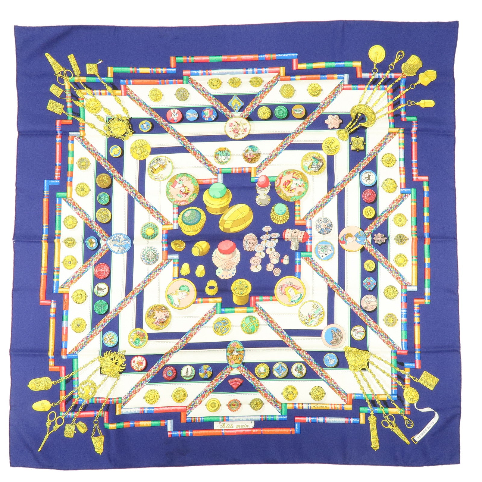 HERMES Carre 90 Silk 100% Scarf Petite Main Navy Multicolor