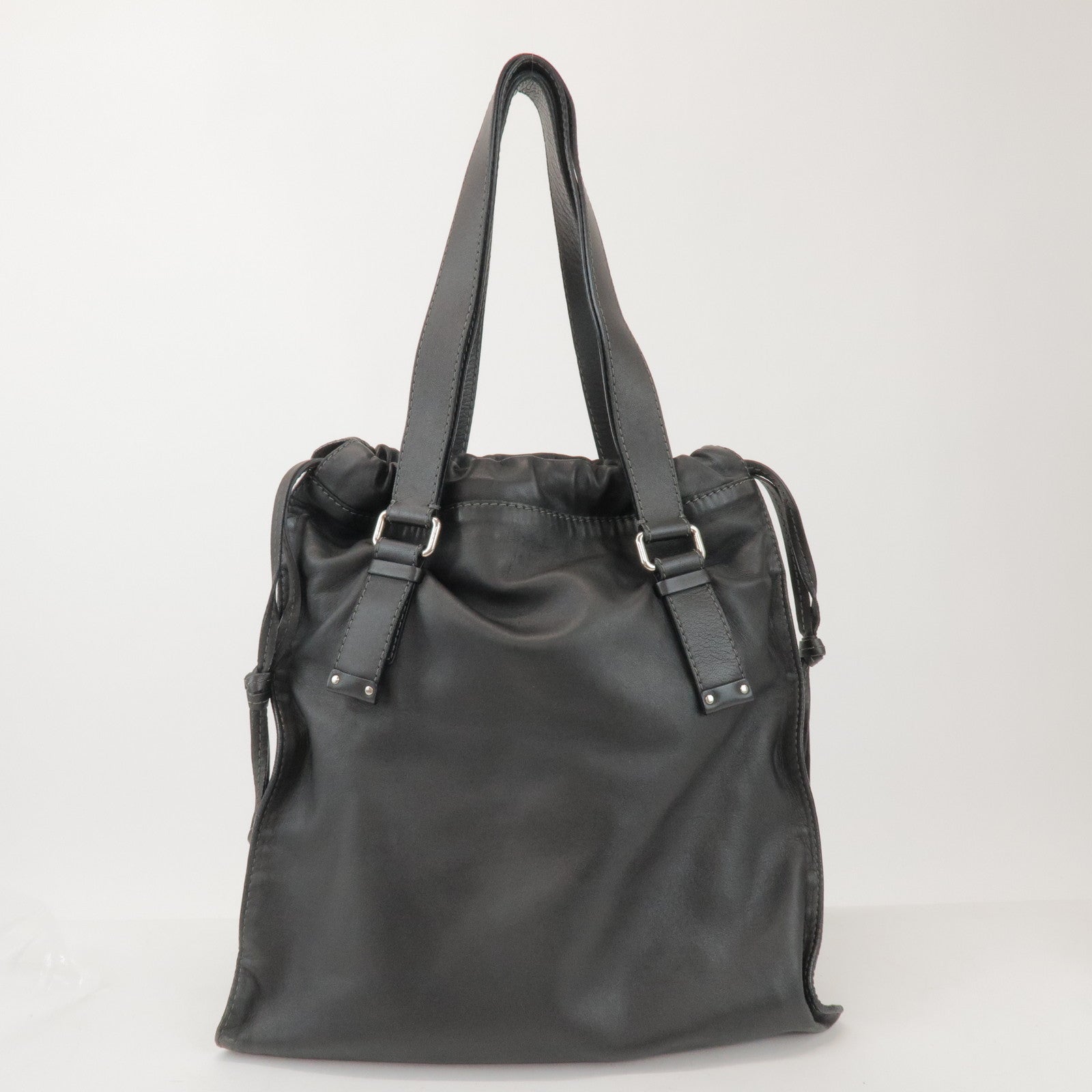 Chloe Leather Drawstring Tote Bag Shoulder Bag Hand Bag Black Studs