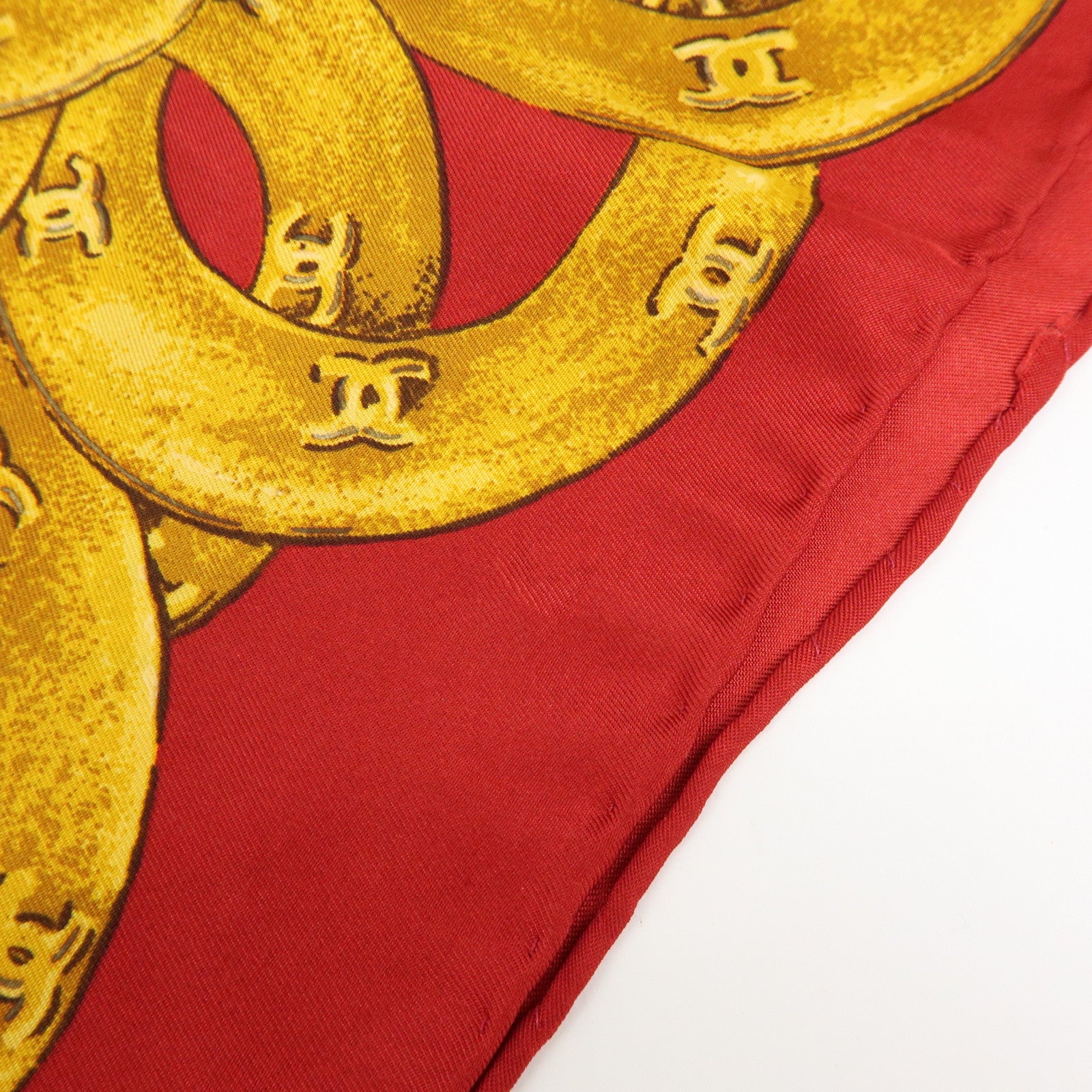 CHANEL COCO Mark Silk 100% Scarf Red Gold Multicolor