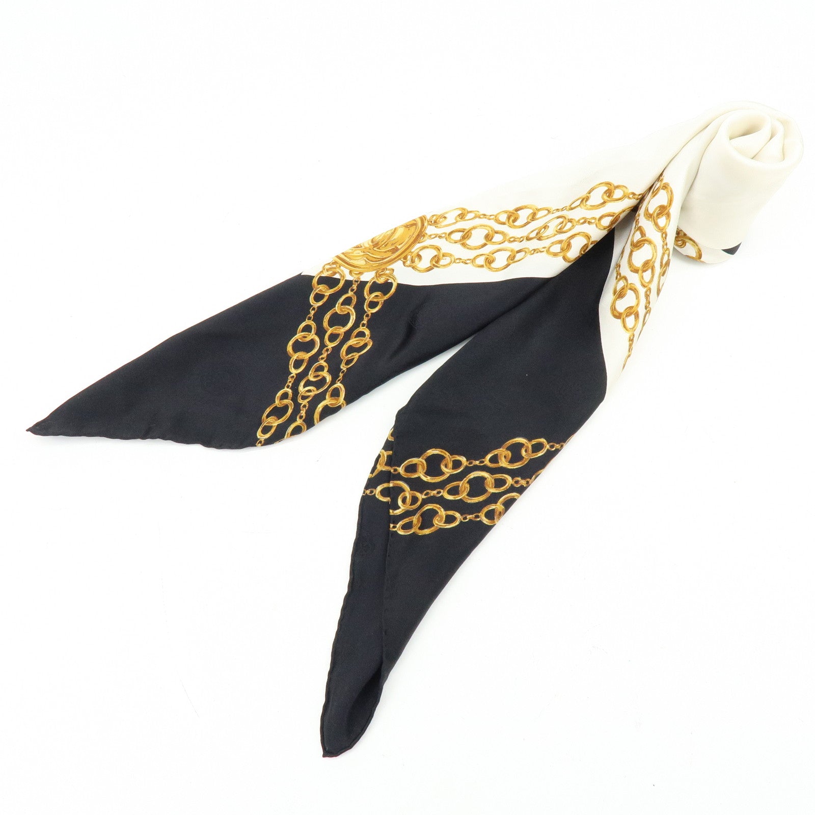 CHANEL Silk 100% Scarf Gold Chain Motif Black White