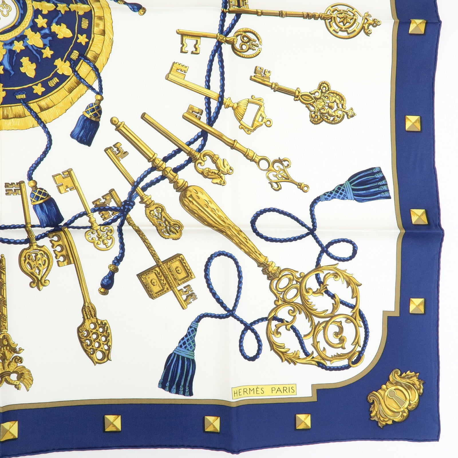 HERMES Carre 90 Silk 100% Scarf LES CLES THE KEYS RARE Navy Gold
