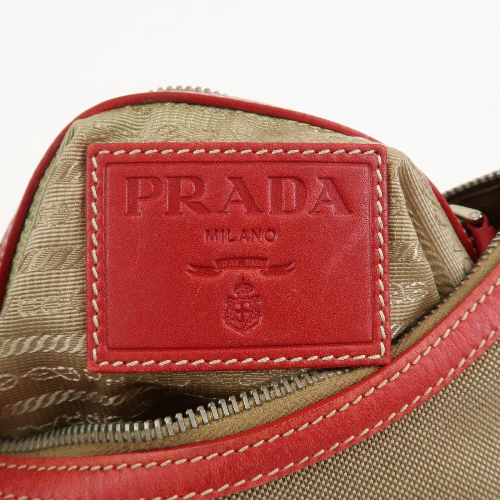 PRADA Logo Jacguard Leather Shoulder Bag Light Brown Red BR3429