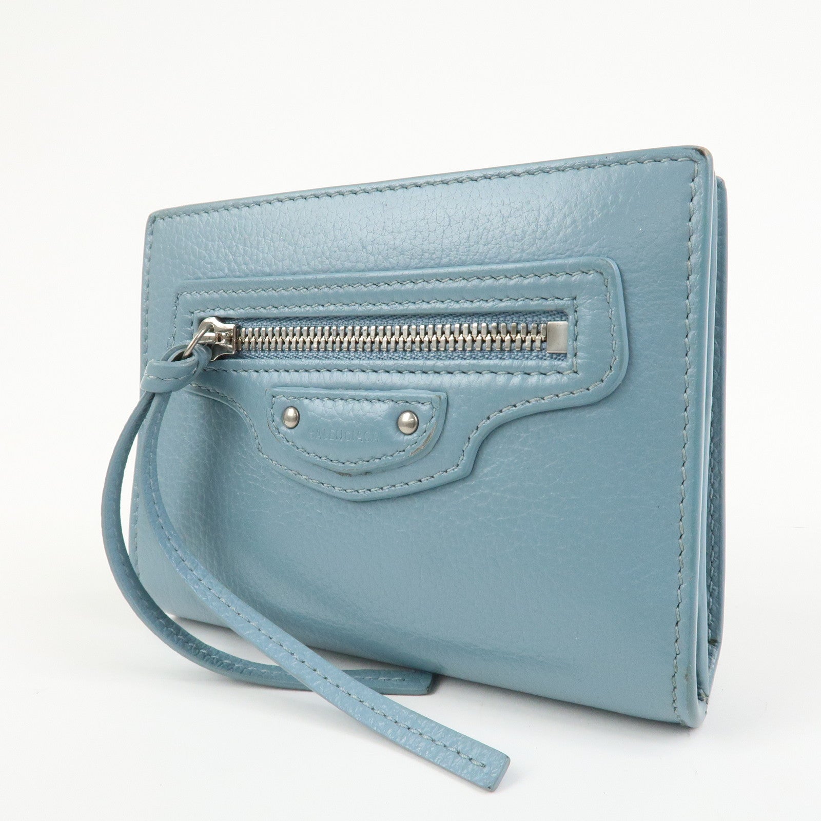 BALENCIAGA Leather Bi-Fold Compact Wallet Light Blue