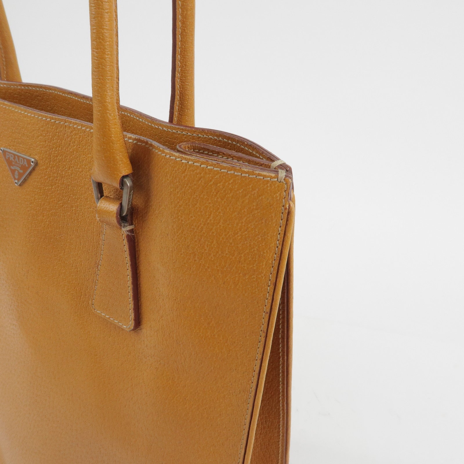 PRADA Triangle Logo Leather Tote Bag Shoulder Bag Light Brown