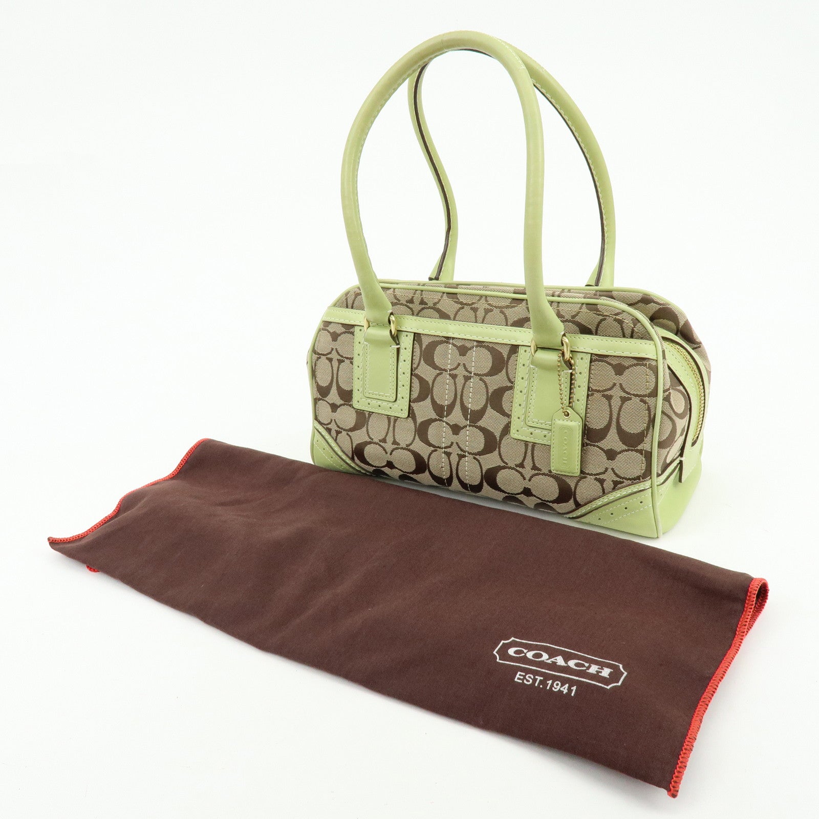 COACH Signature Canvas Leather Boston Hand Bag Light Brown Green