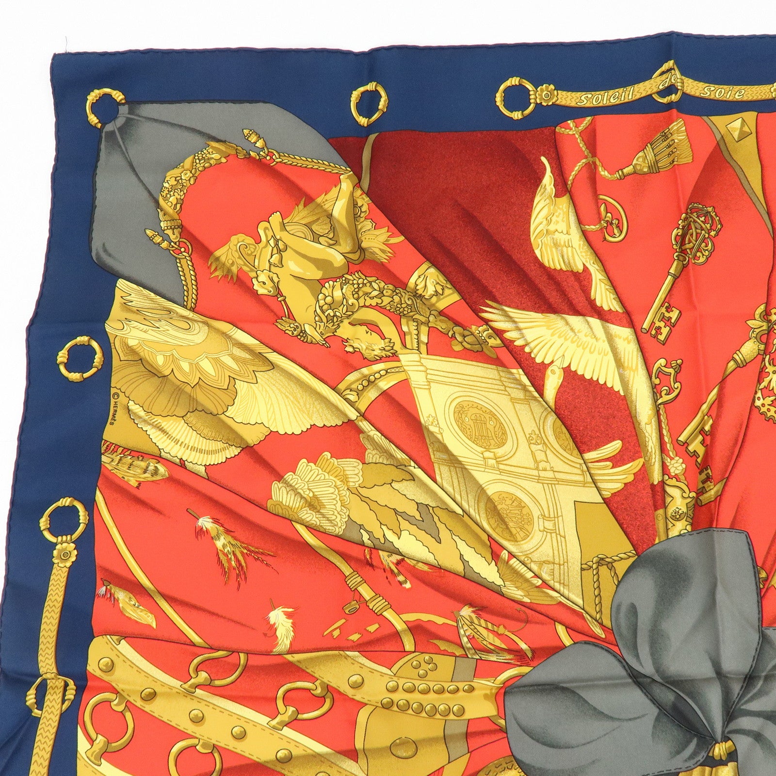 HERMES Carre 90 Silk 100% Soleil de Soie Scarf Gold Red Navy
