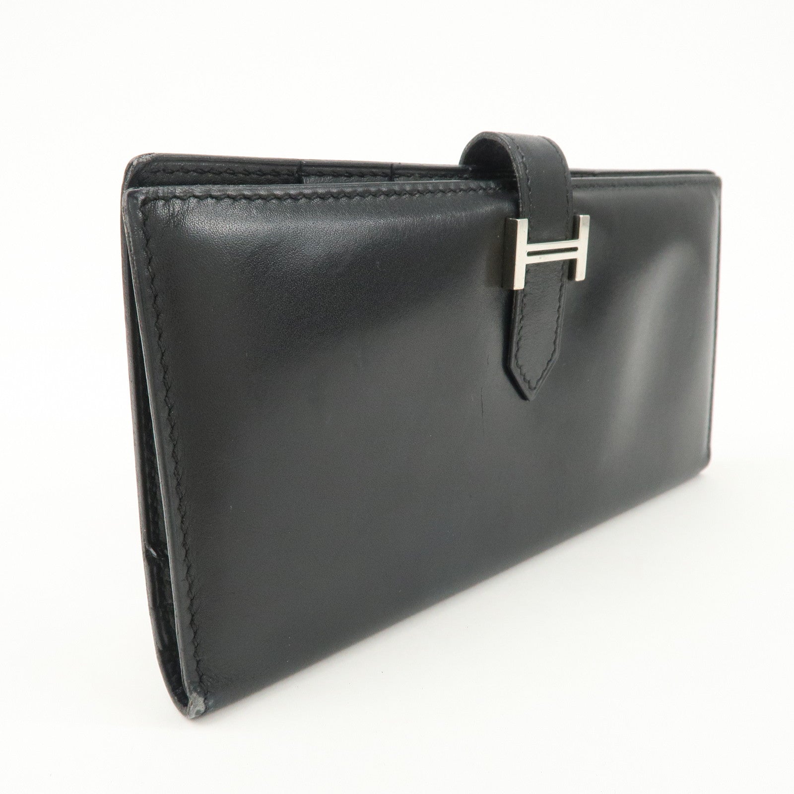 HERMES Box Calf Leather Beant Classic Long Wallet Black