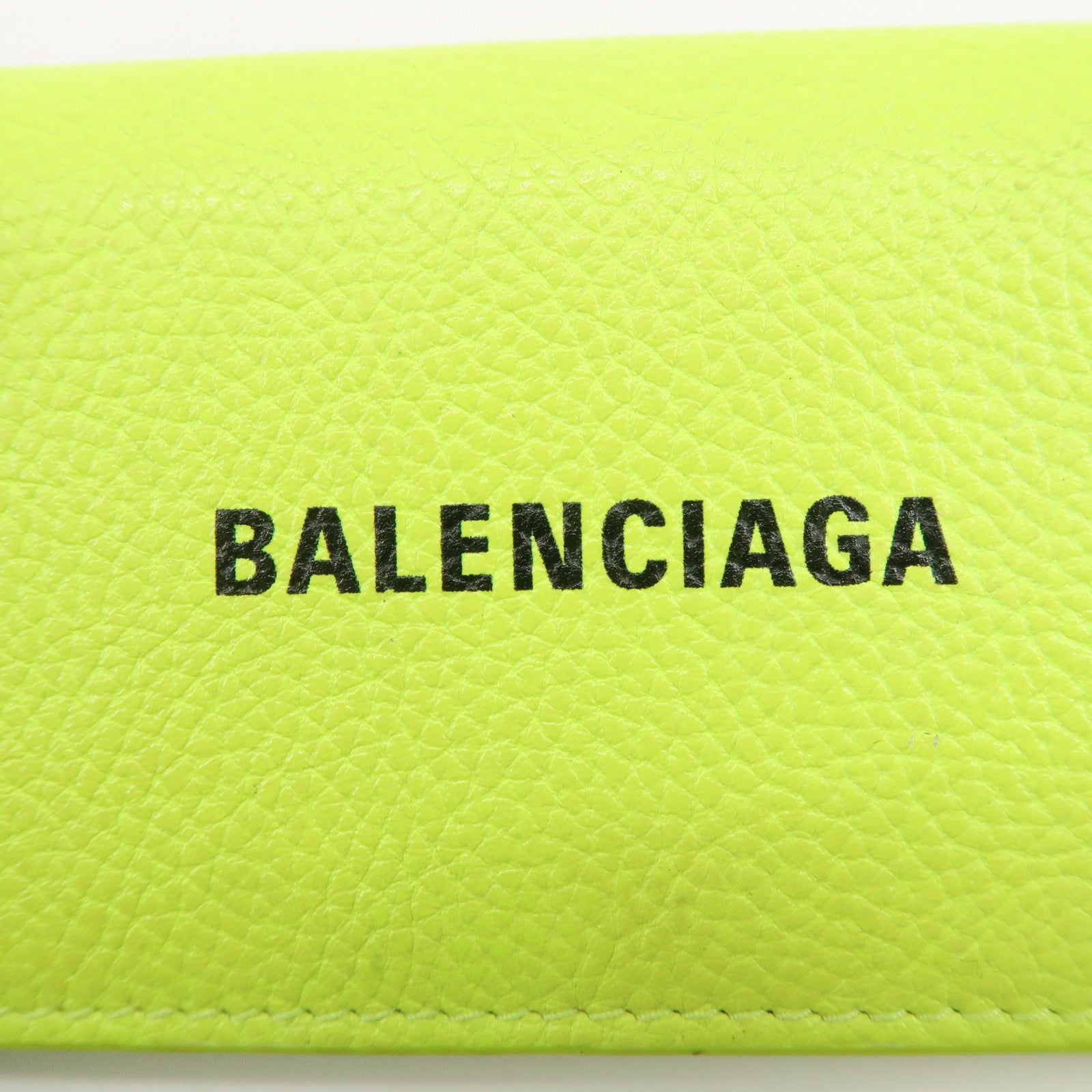 BALENCIAGA Logo Leather Key Case Key Holder Neon Yellow