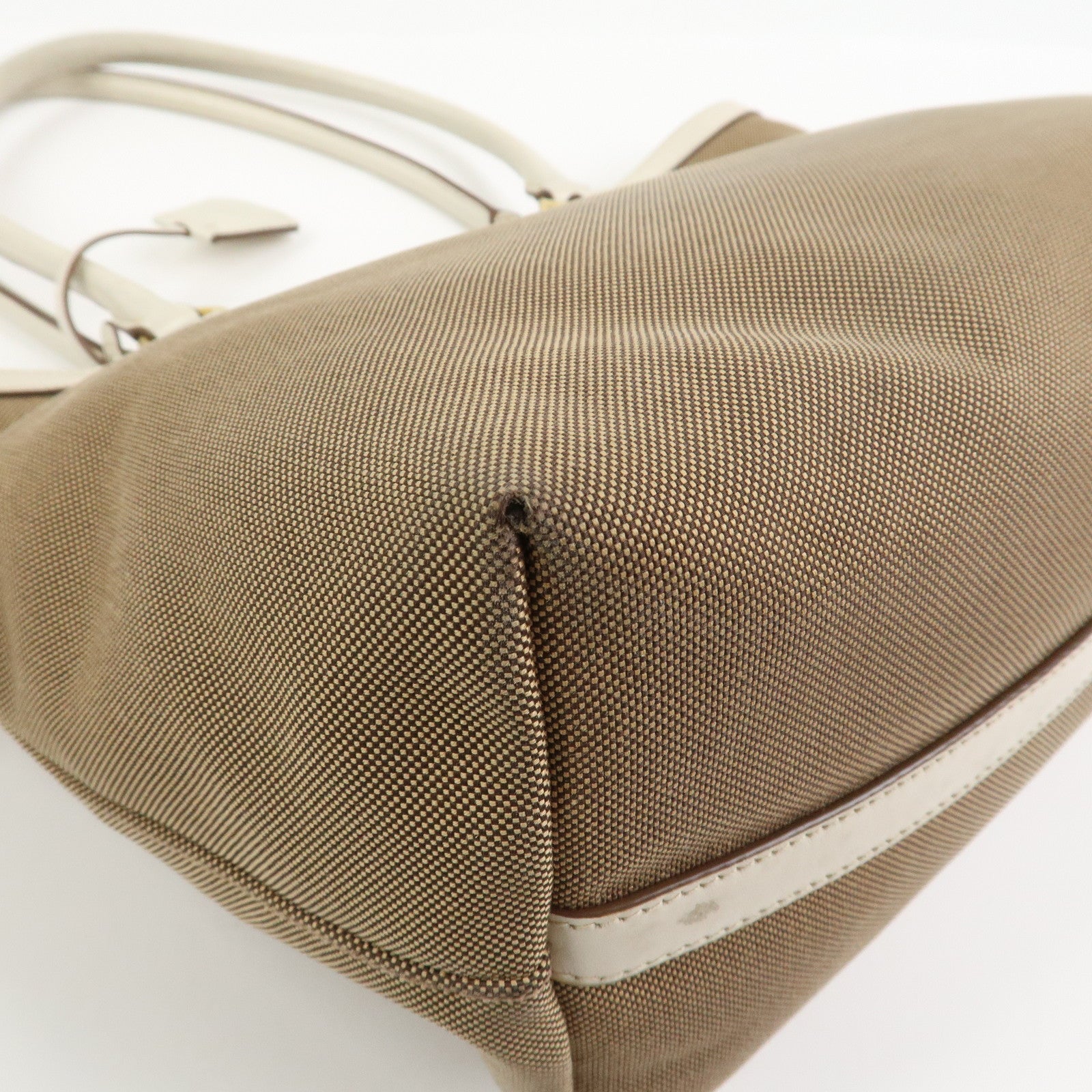 PRADA Logo Jacquard Leather Tote Bag Hand Bag Beige Ivory 1BG158