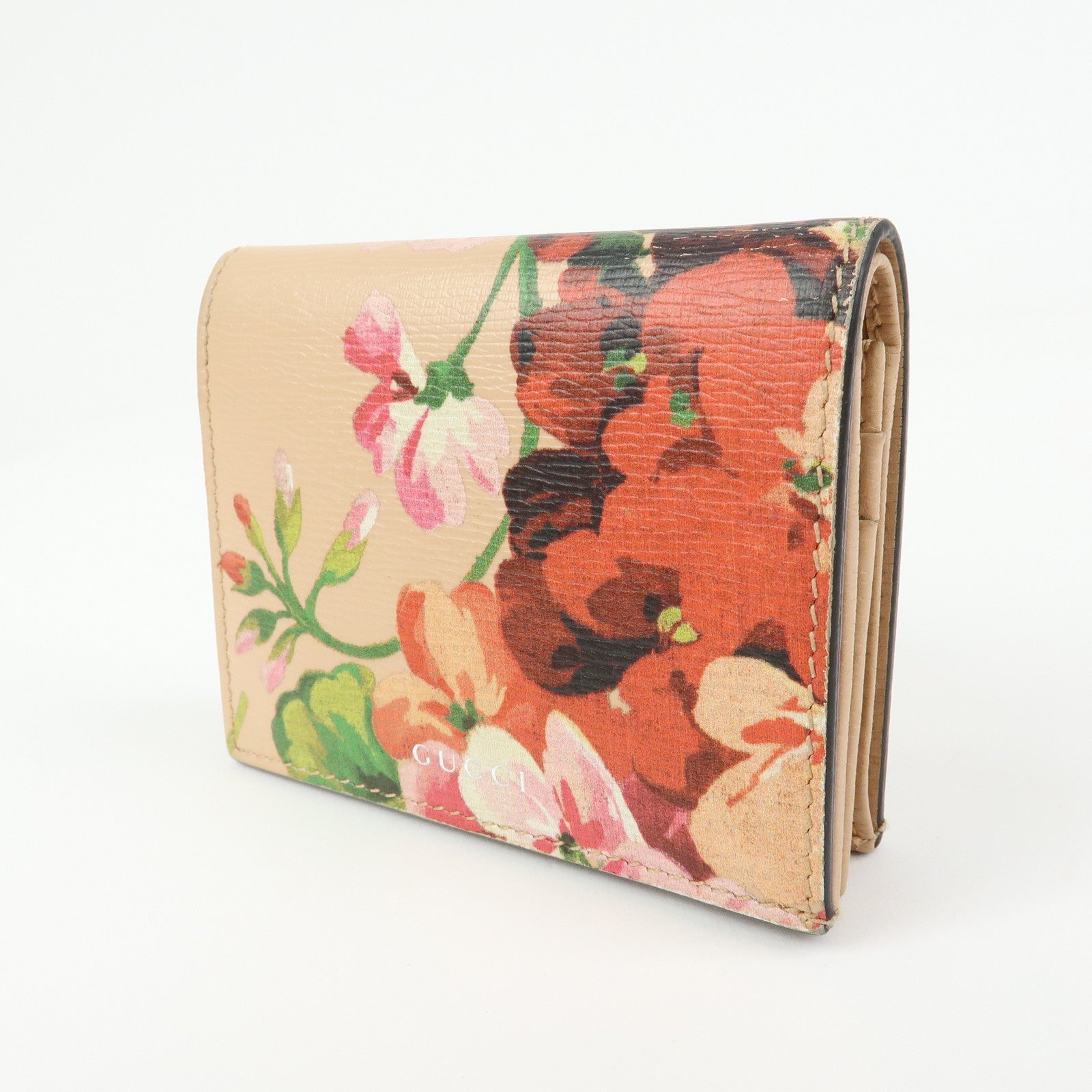 GUCCI Flora Leather Compact Bi-Fold Wallet Pink 410120