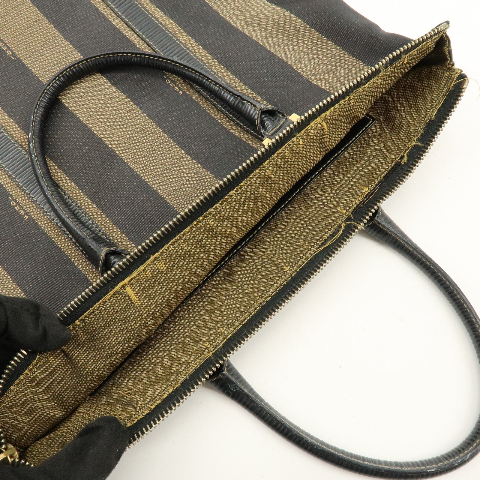 FENDI Pequin Canvas Leather Hand Bag Tote Bag Brown Black