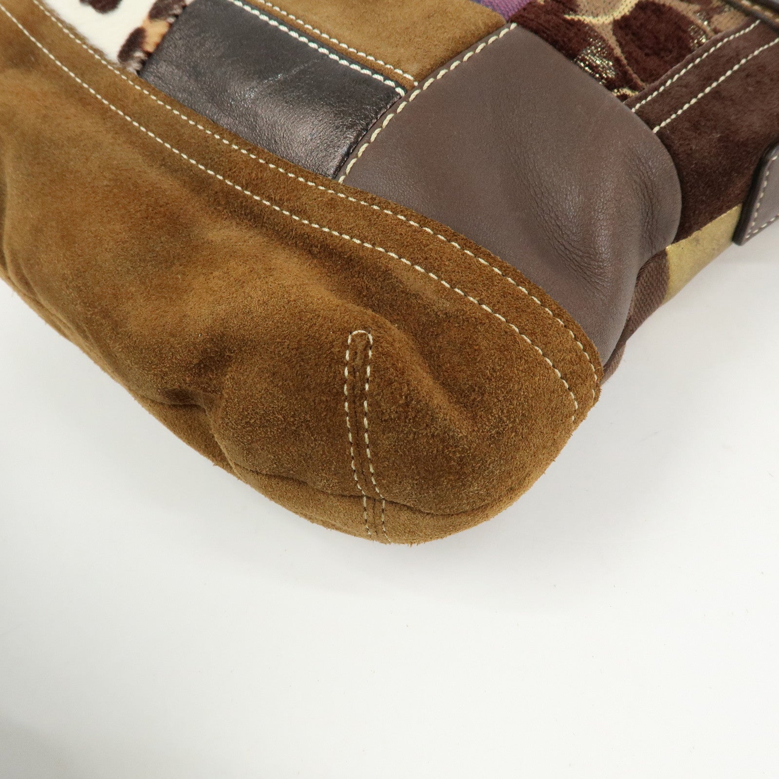COACH Signature Suede Patent Leather Shoulder Bag Brown Patchwork
