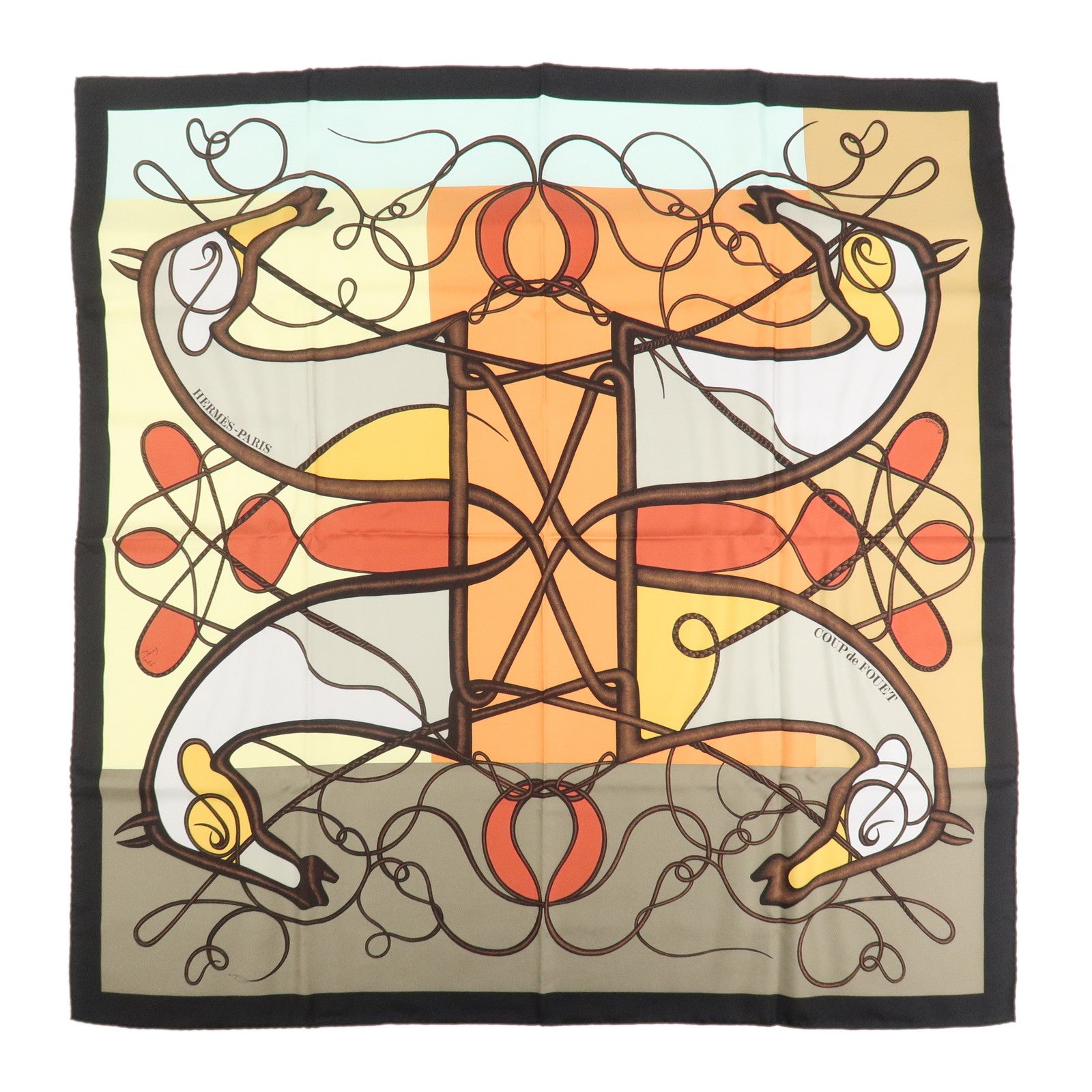 HERMES Carre 90 Silk 100% Coup de Fouet Scarf Black Multicolor