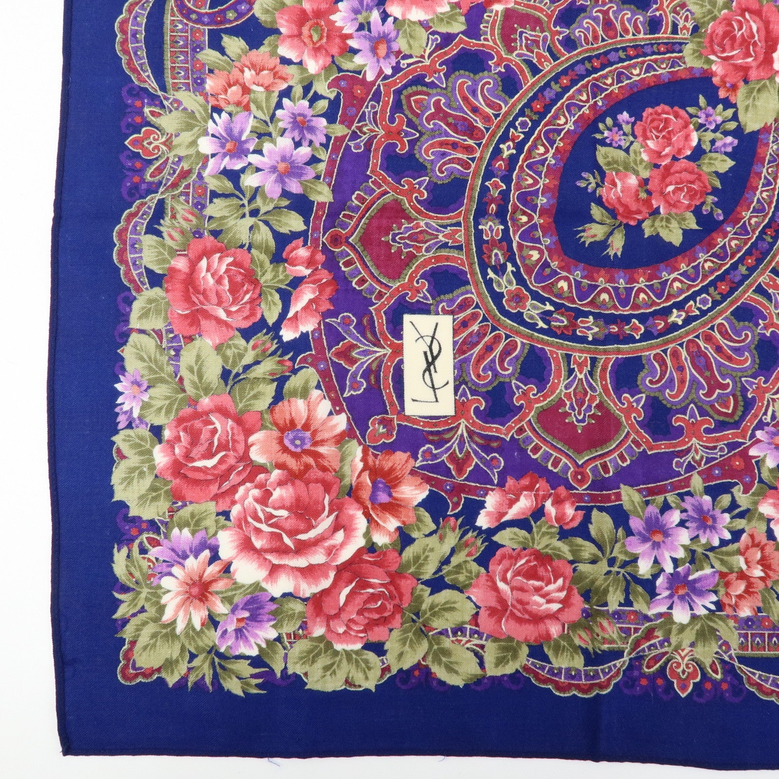 SAINT LAURENT PARIS Cotton Wool Scarf Flower Print Navy Red