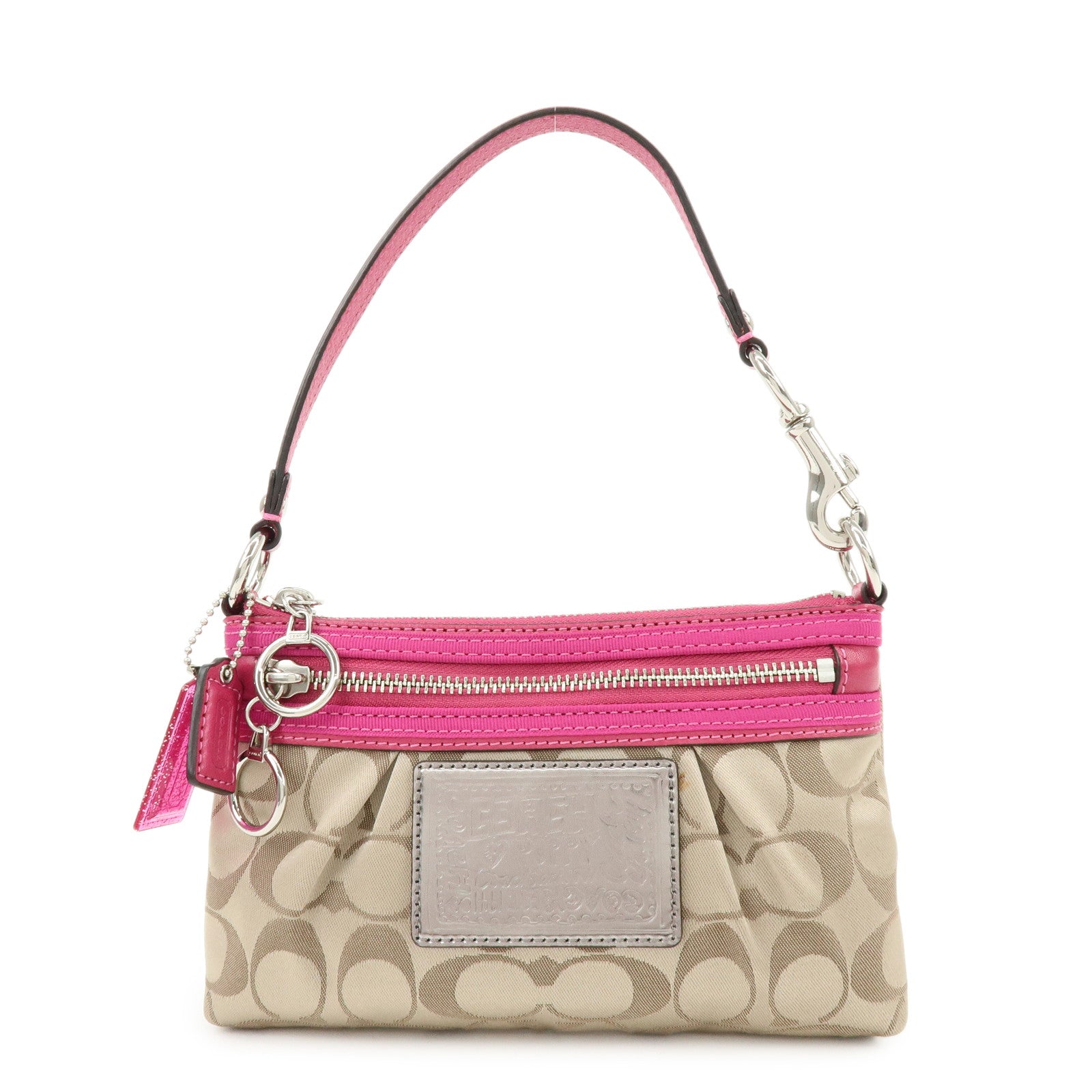 COACH Poppy Signature Nylon Leather Hand Bag Beige Pink