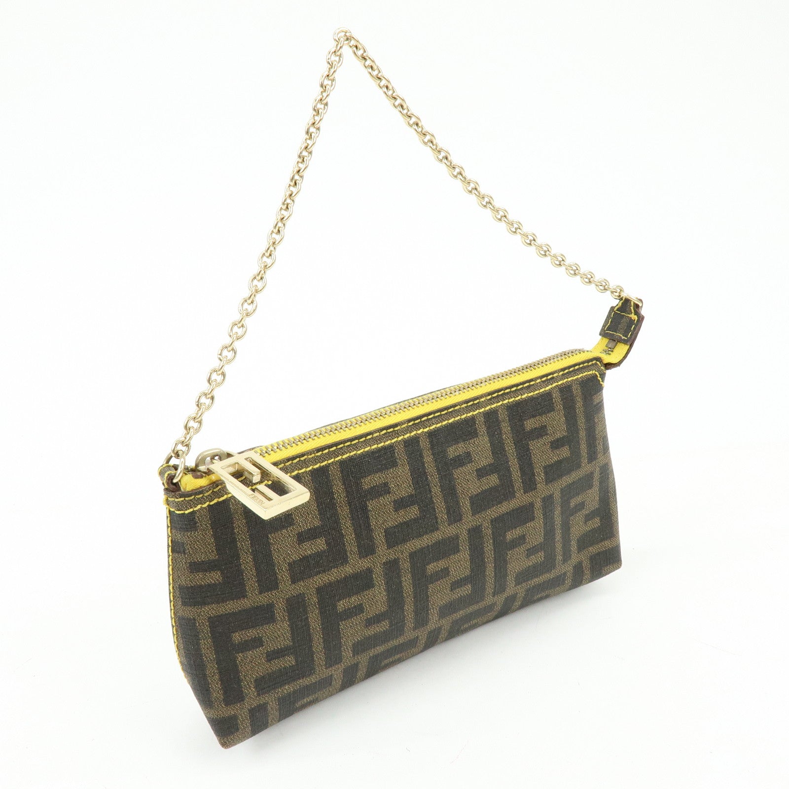 FENDI Zucca Print PVC Chain Accessory Pouch Brown Yellow 8BR592
