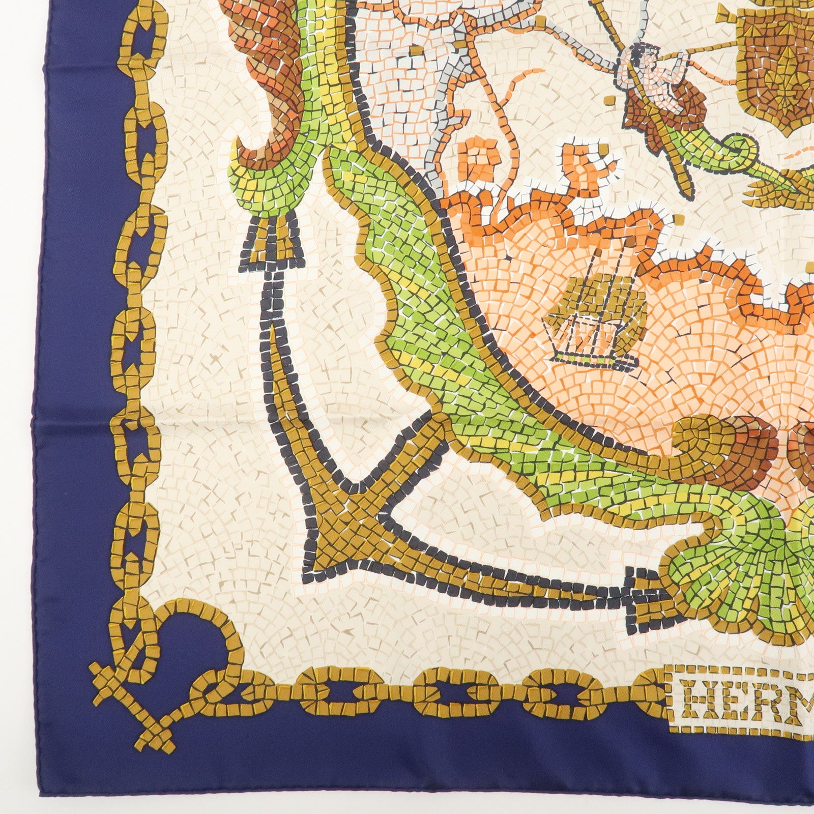 HERMES Carre 90 Silk 100% PROVENCE Scarf Navy Ivory