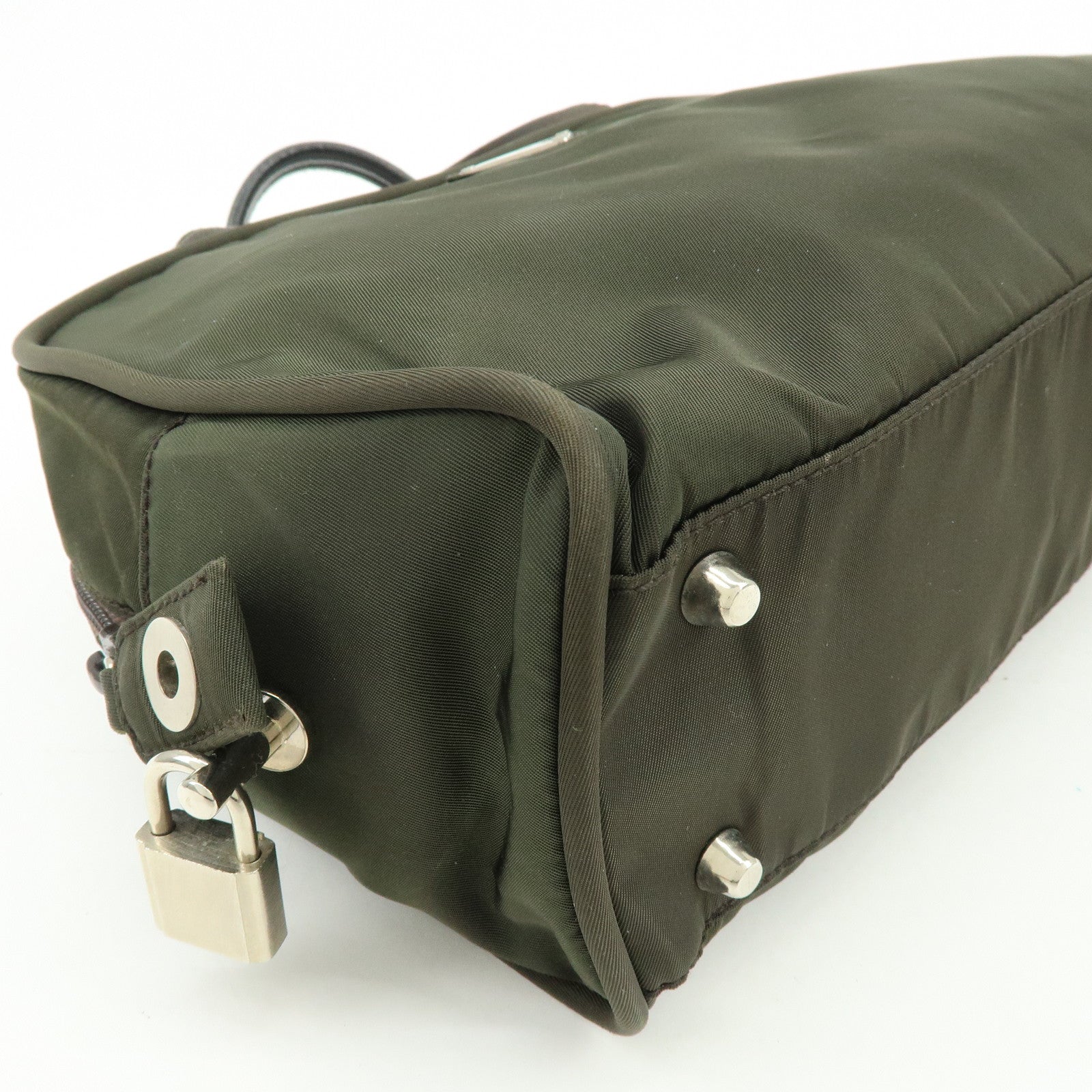 PRADA Triangle Logo Nylon Leather Hand Bag Tote Boston Bag Khaki