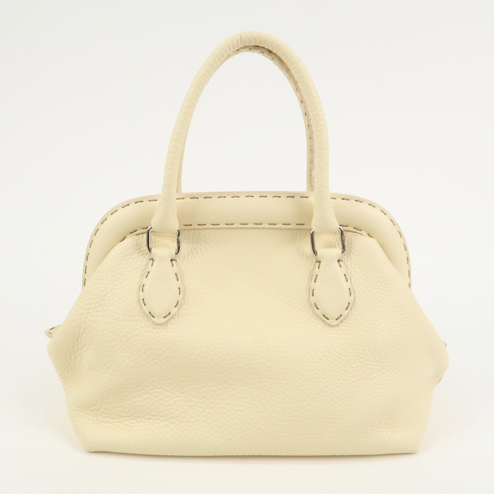 FENDI Selleria Leather Boston Bag Hand Bag Cream 8BN127