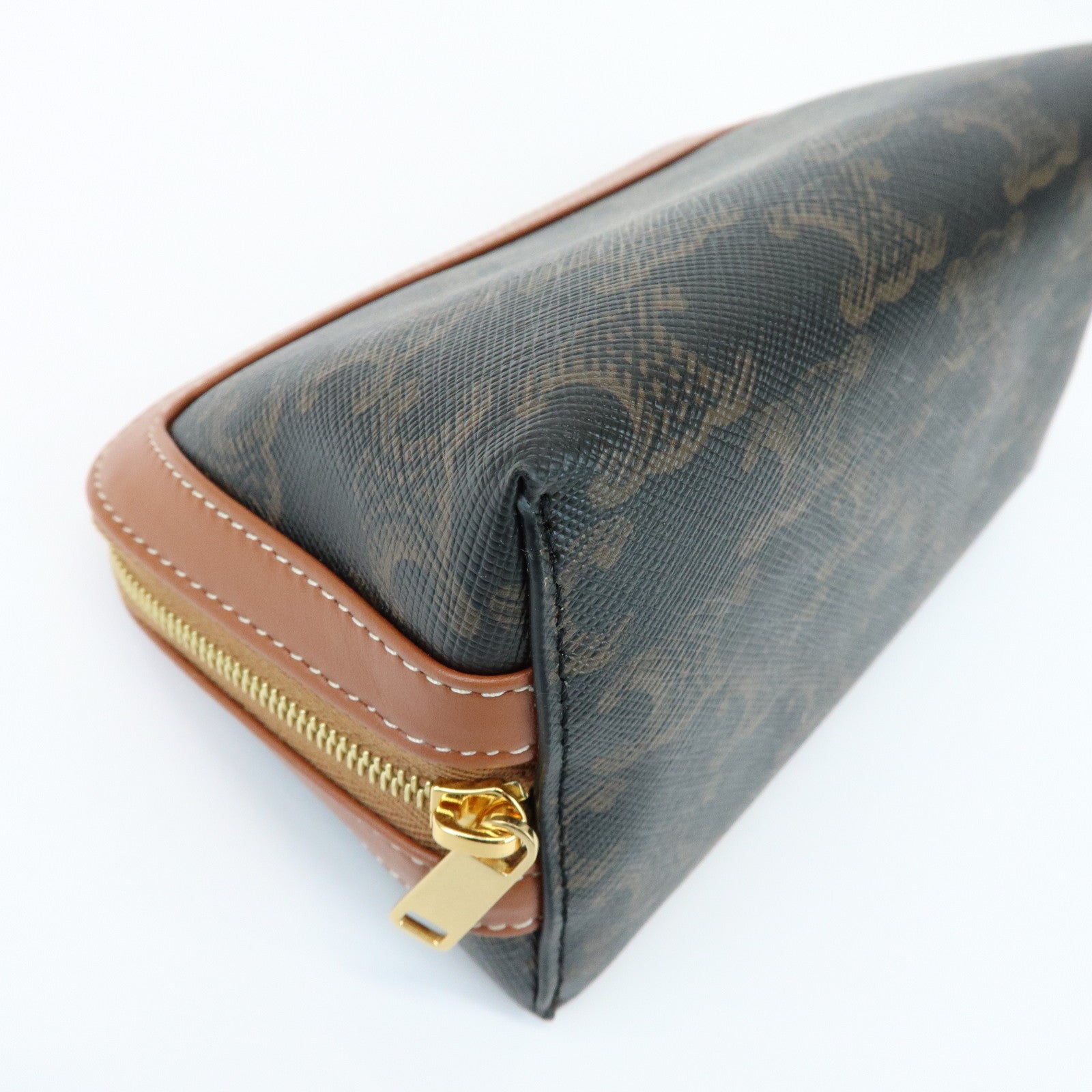 CELINE Triomphe PVC Calf Leather Cosmetic Pouch Accessory Pouch Tan