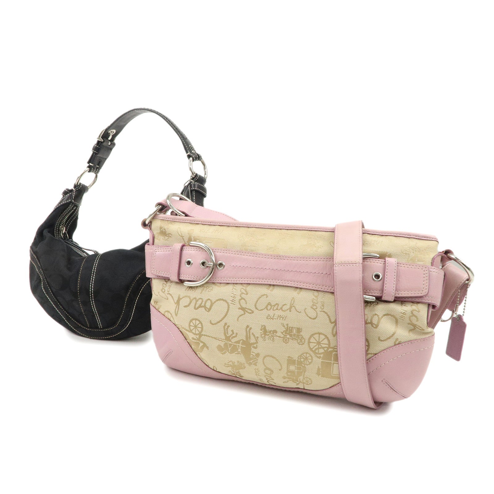 COACH Set of 2 Leather Canvas Shoulder Bag Black Lavender Beige Used