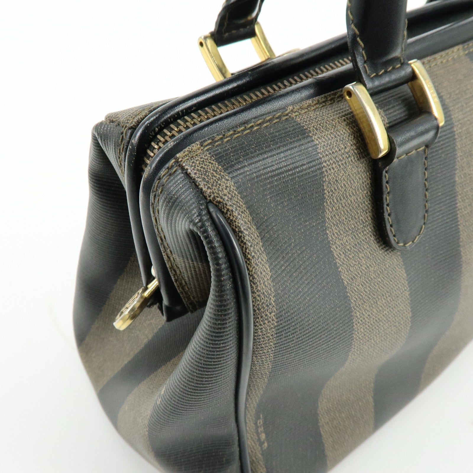 FENDI Pequin PVC Leather Boston Bag Hand Bag Black Brown