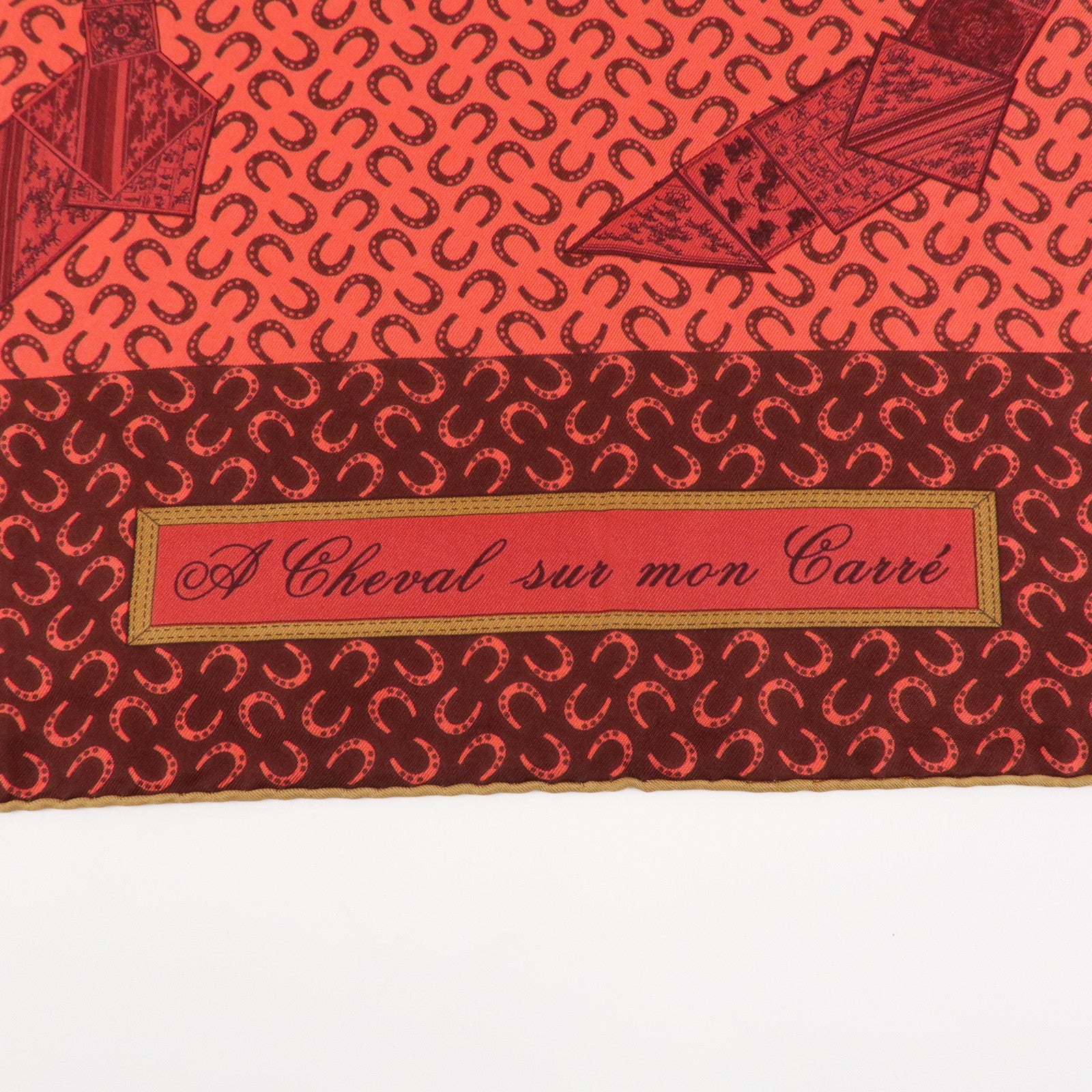 HERMES Carre 90 Silk 100% Scarf  Porte Bonheur Horse Pattern Red Used