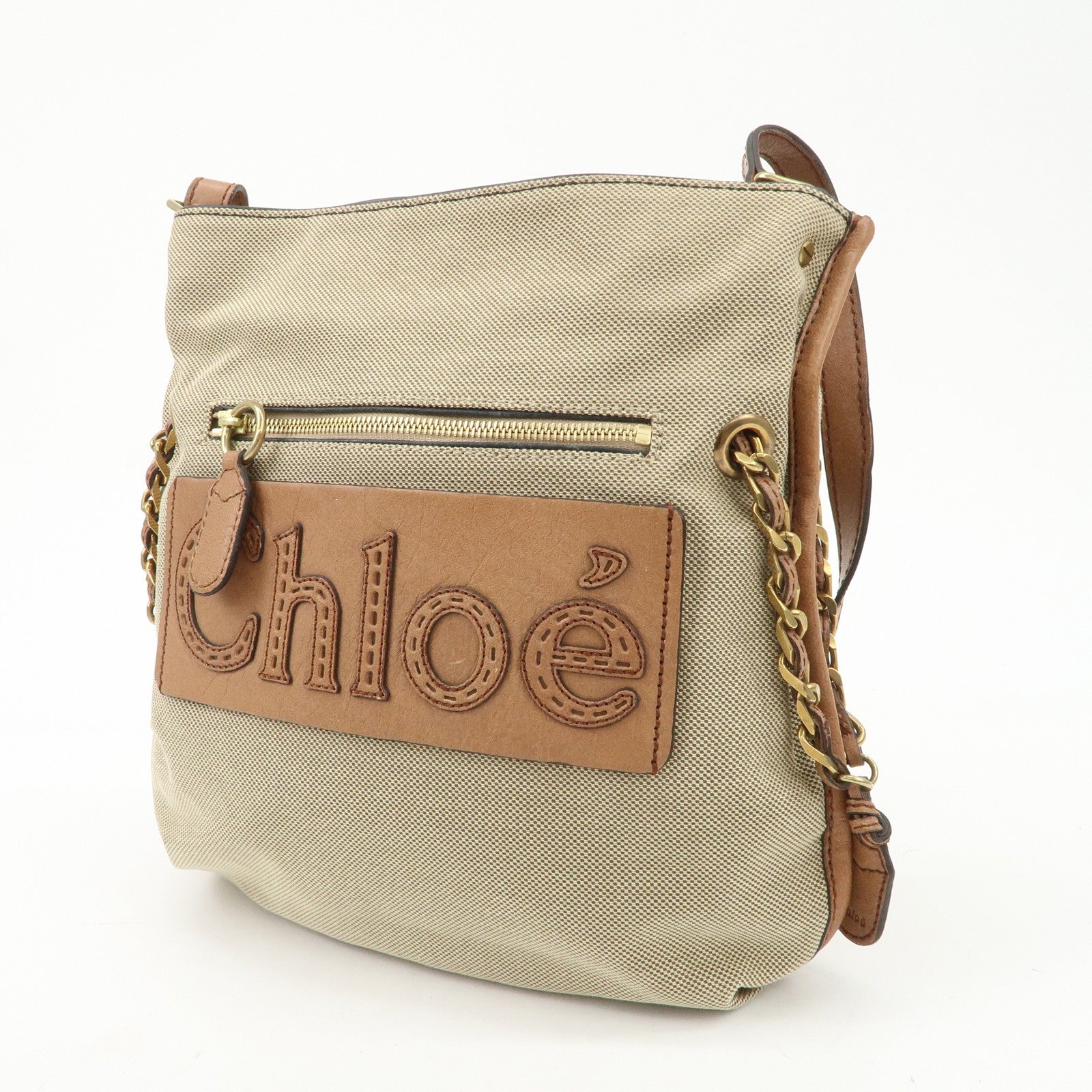 Chloe Leather Canvas Shoulder Bag Crossbody Bag Beige Brown Khaki