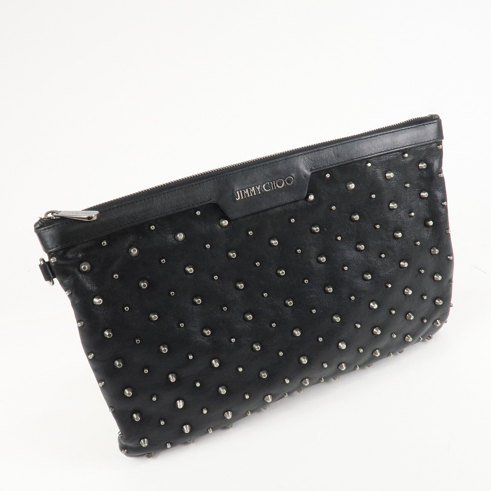 JIMMY CHOO Leather Studs Clutch Bag Black Silver HDW Used