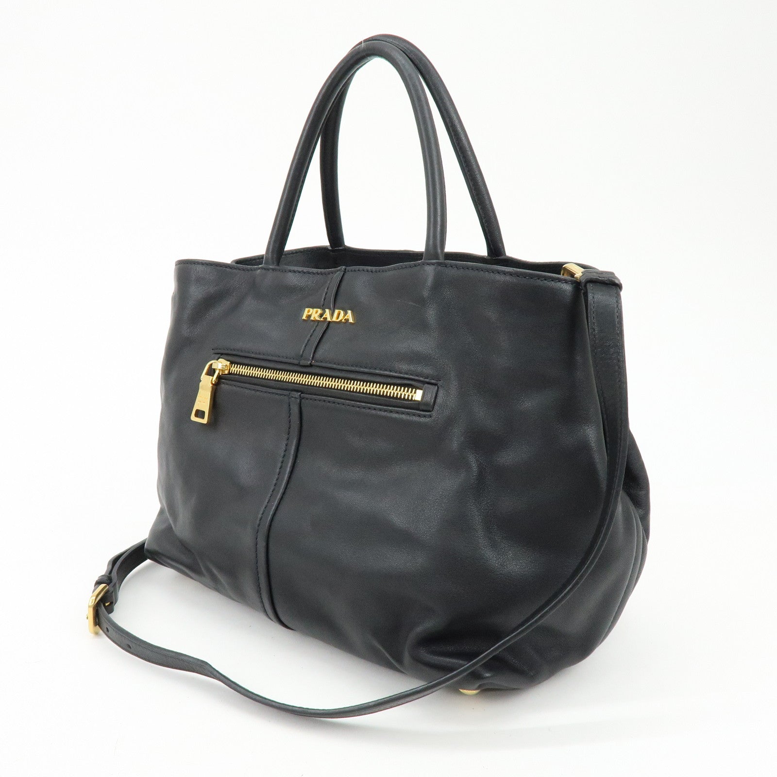 PRADA Soft Calf Leather 2Way Bag Hand Bag Shoulder Bag Black BN1832