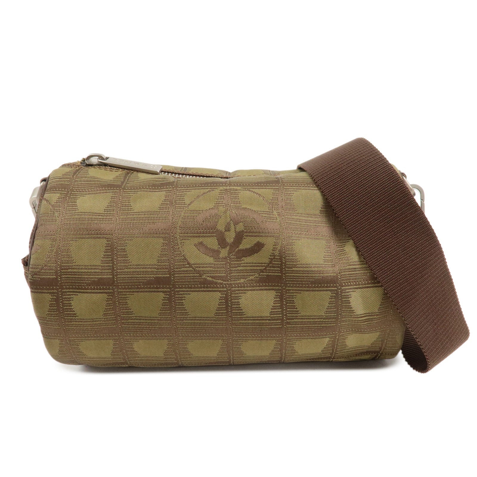 CHANEL New Travel Line Nylon Jacquard Shoulder Bag Khaki Used