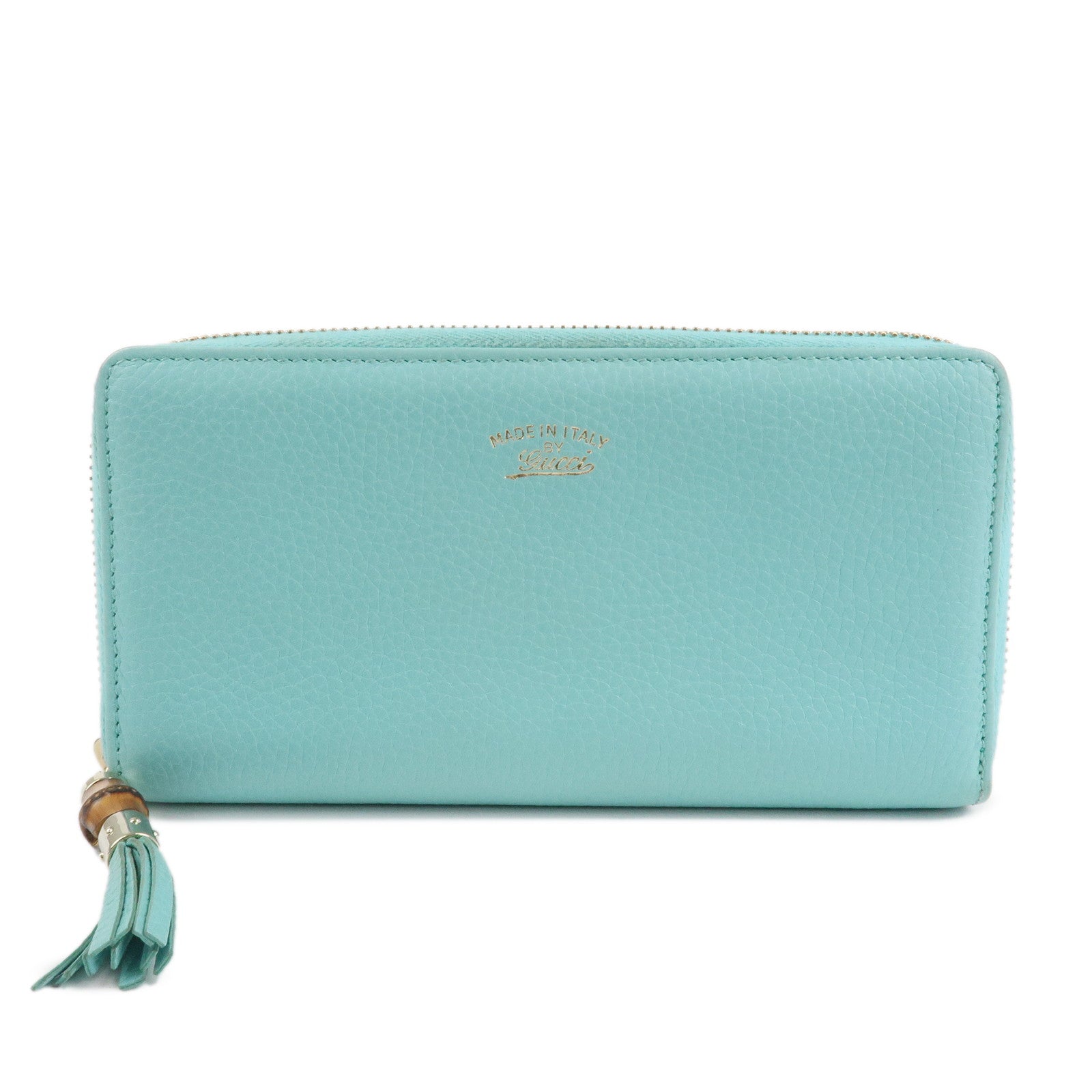 GUCCI Bamboo Leather Round Zippy Wallet Long Wallet Light Blue 307984 Used