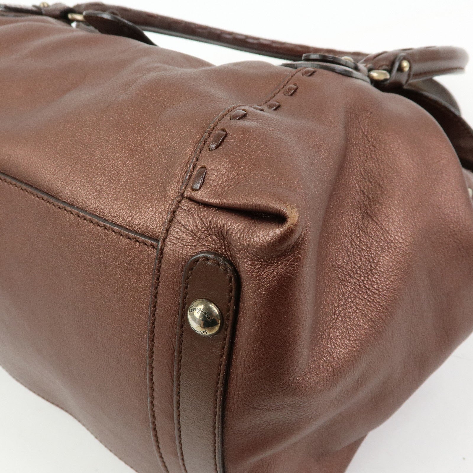 Ferragamo Gancini Leather 2Way Bag Hand Shoulder Bag Metallic Brown